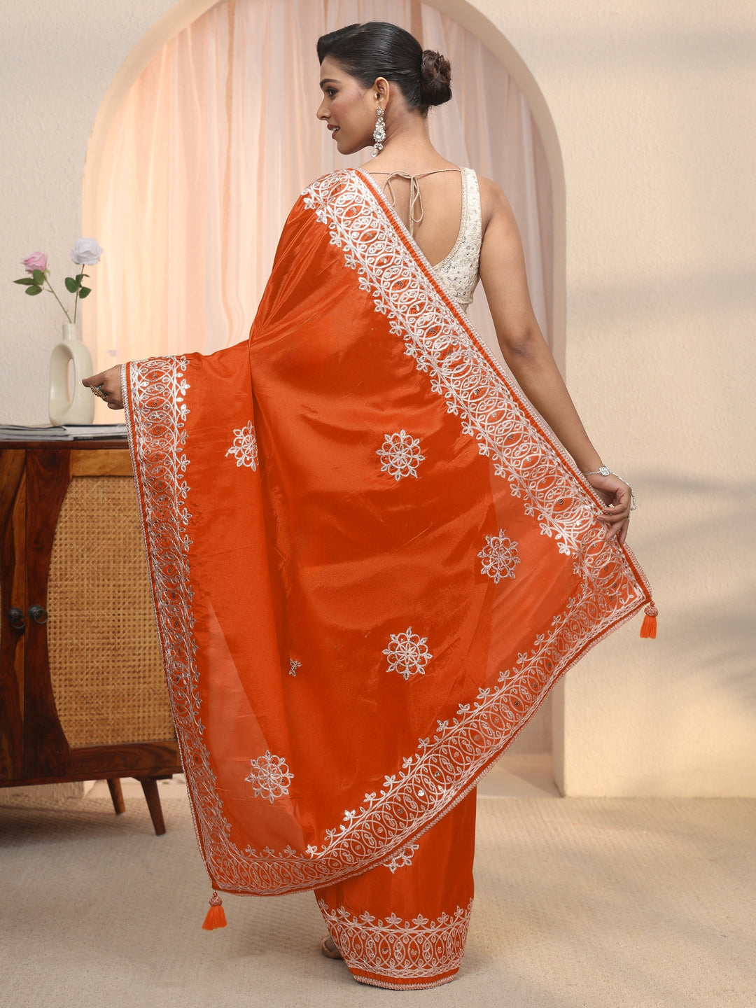  Libas Orange Floral Sequin Embellished Satin Saree 