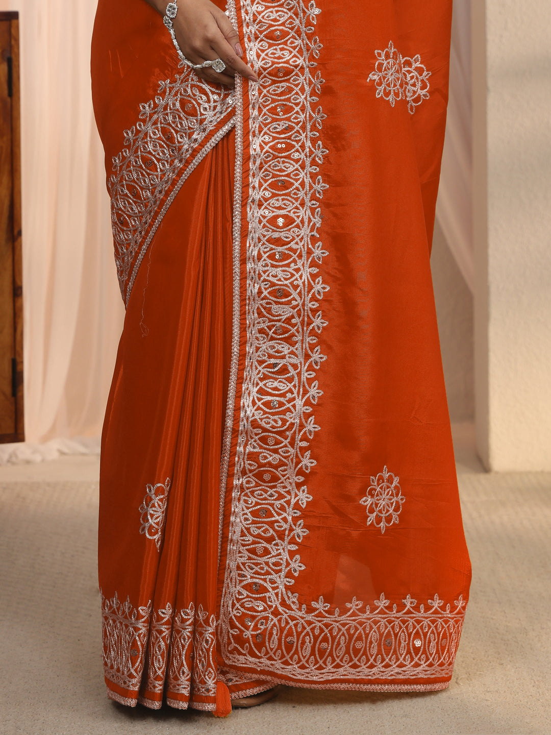  Libas Orange Floral Sequin Embellished Satin Saree 