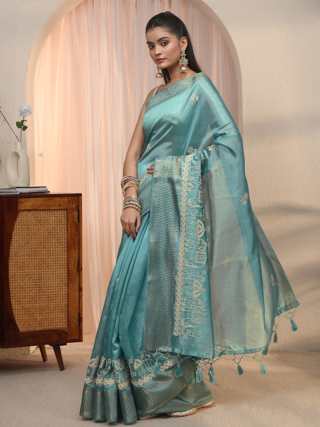  Libas Blue Ethnic Embroidered Silk Blend Tassel Saree 