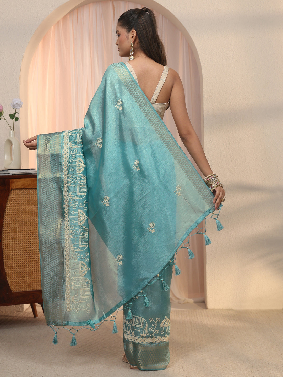  Libas Blue Ethnic Embroidered Silk Blend Tassel Saree 