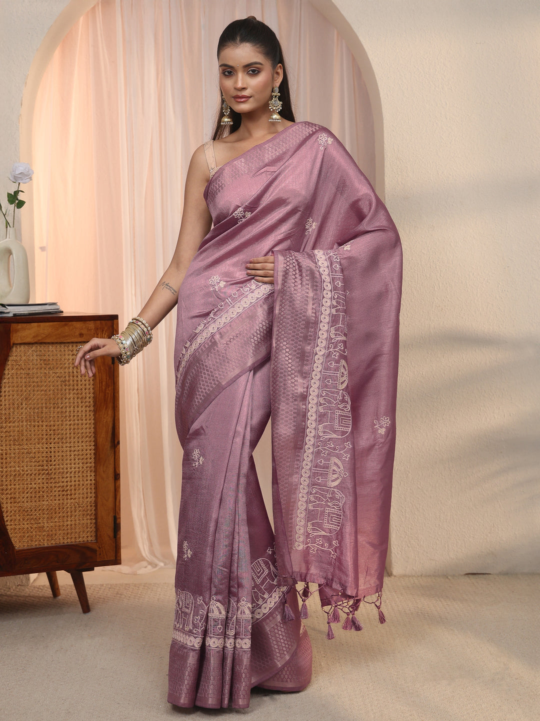  Libas Lavender Ethnic Embroidered Silk Blend Tassel Saree 