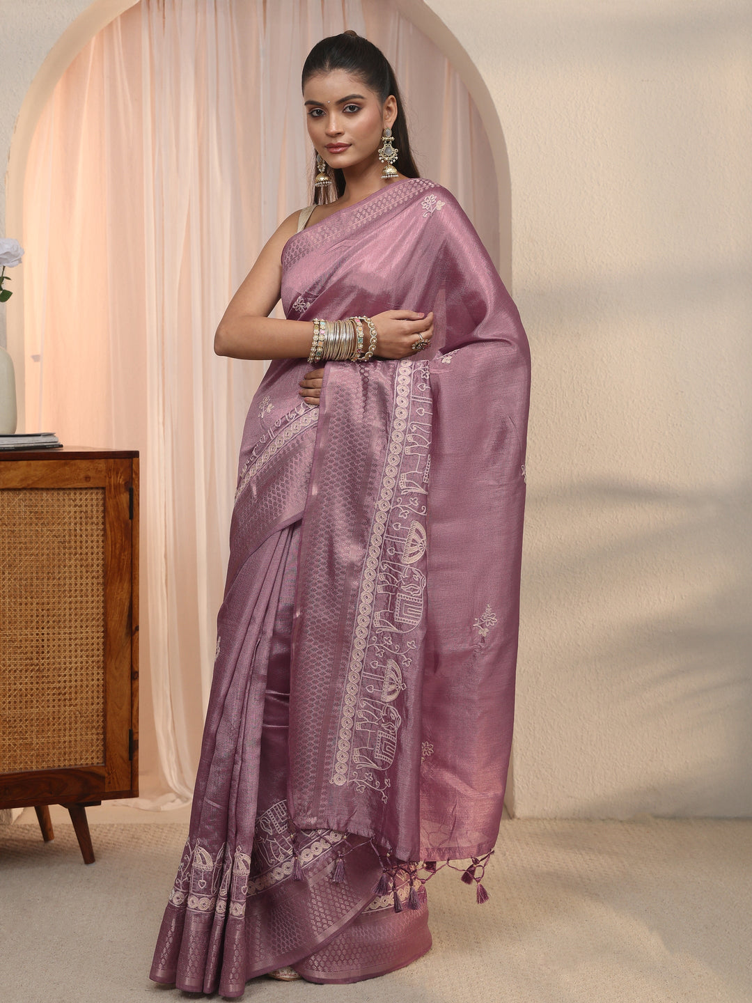  Libas Lavender Ethnic Embroidered Silk Blend Tassel Saree 