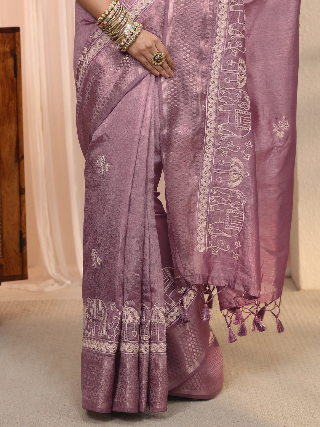  Libas Lavender Ethnic Embroidered Silk Blend Tassel Saree 