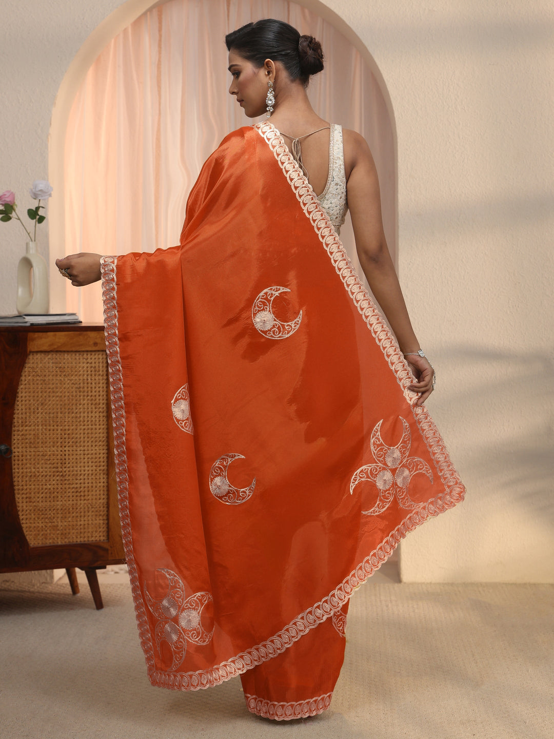  Libas Orange Ethnic Embroidered Satin Saree 