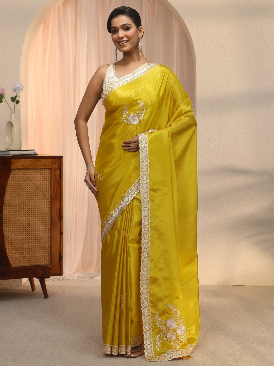  Libas Lime Green Ethnic Embroidered Satin Saree 