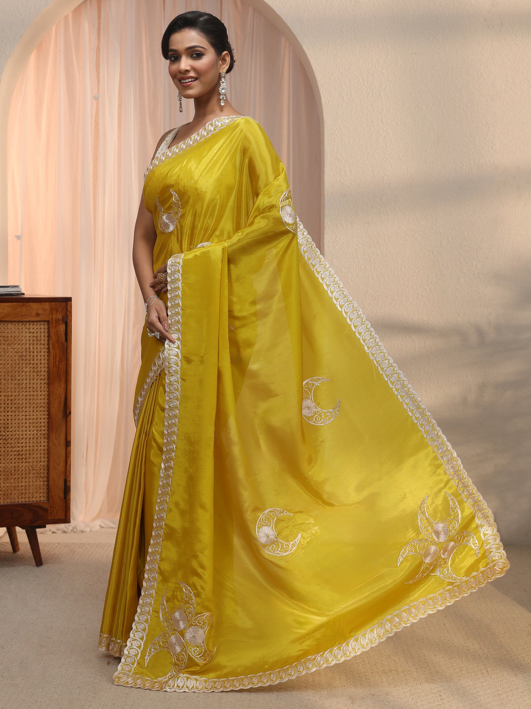 Libas Lime Green Ethnic Embroidered Satin Saree 