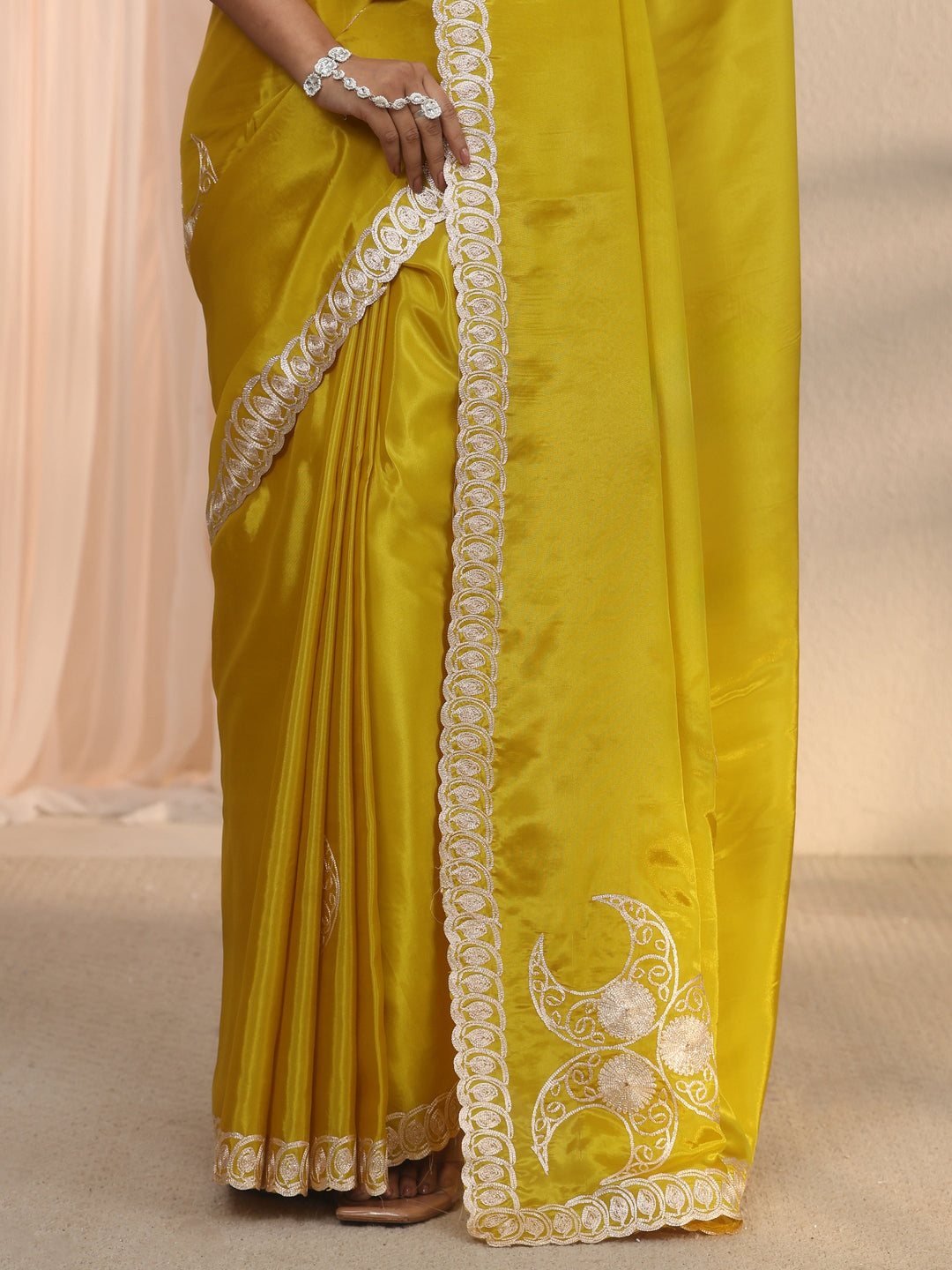  Libas Lime Green Ethnic Embroidered Satin Saree 