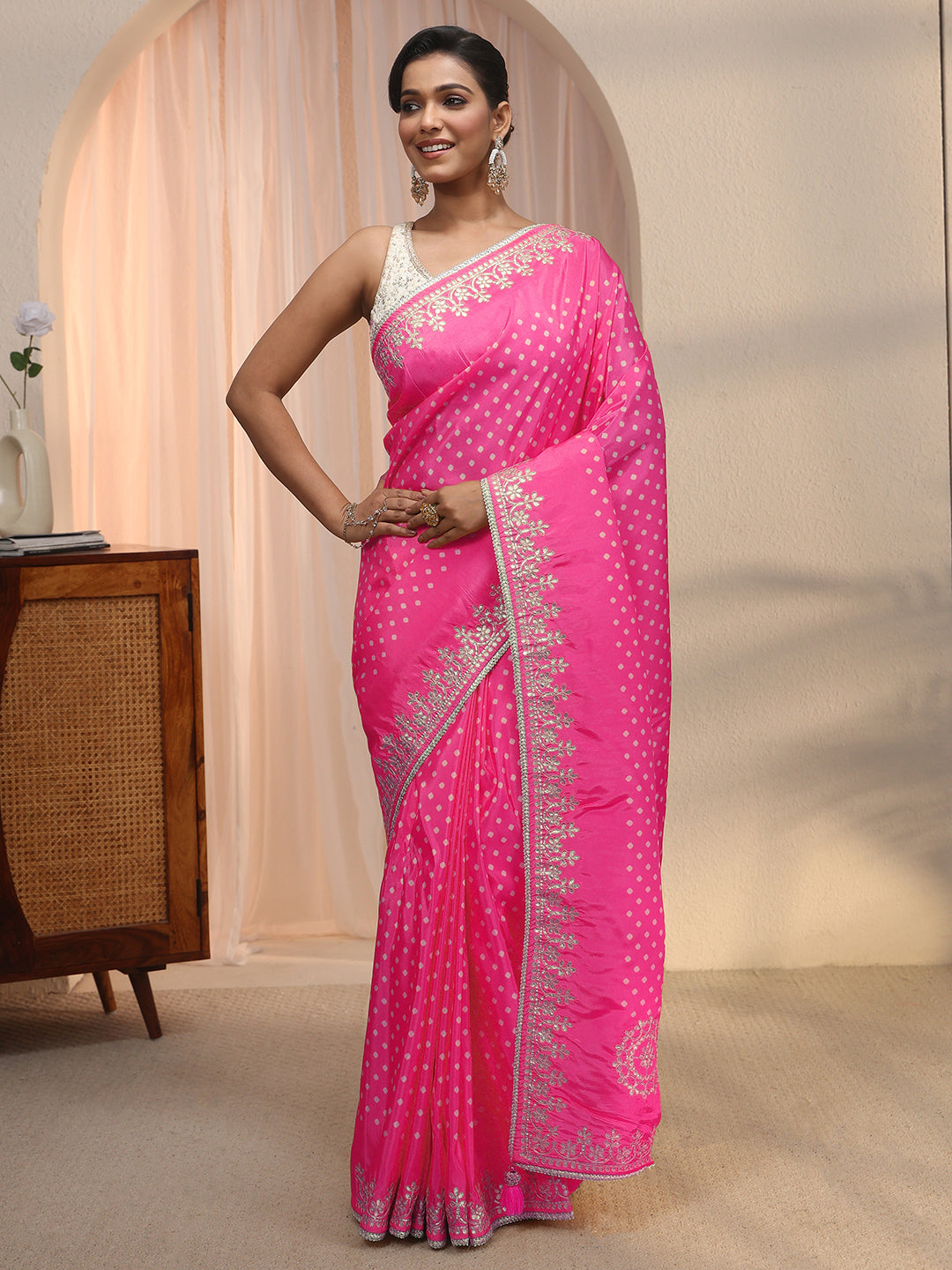  Libas Pink Printed Satin Saree with Embroidered Border 