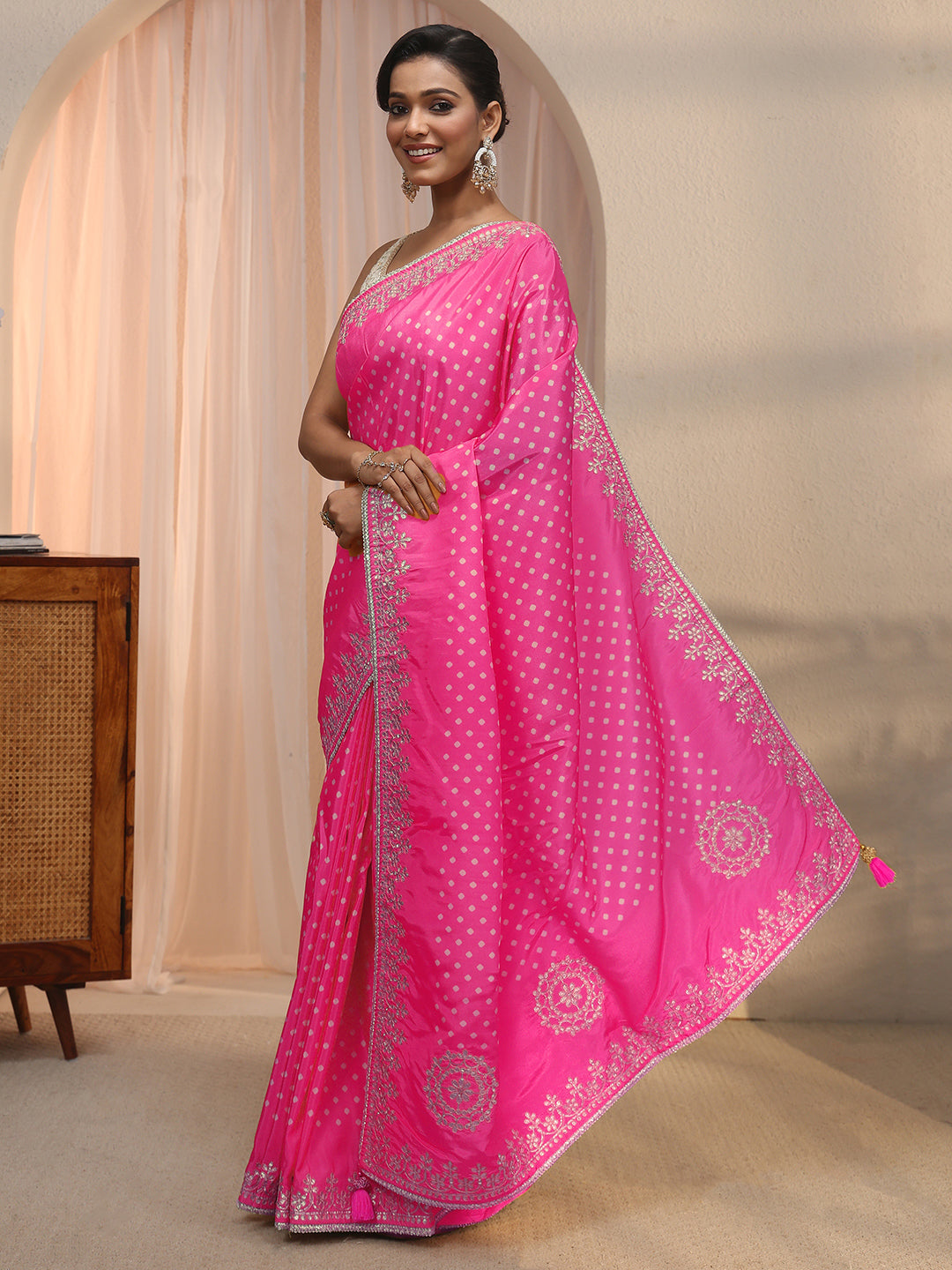  Libas Pink Printed Satin Saree with Embroidered Border 