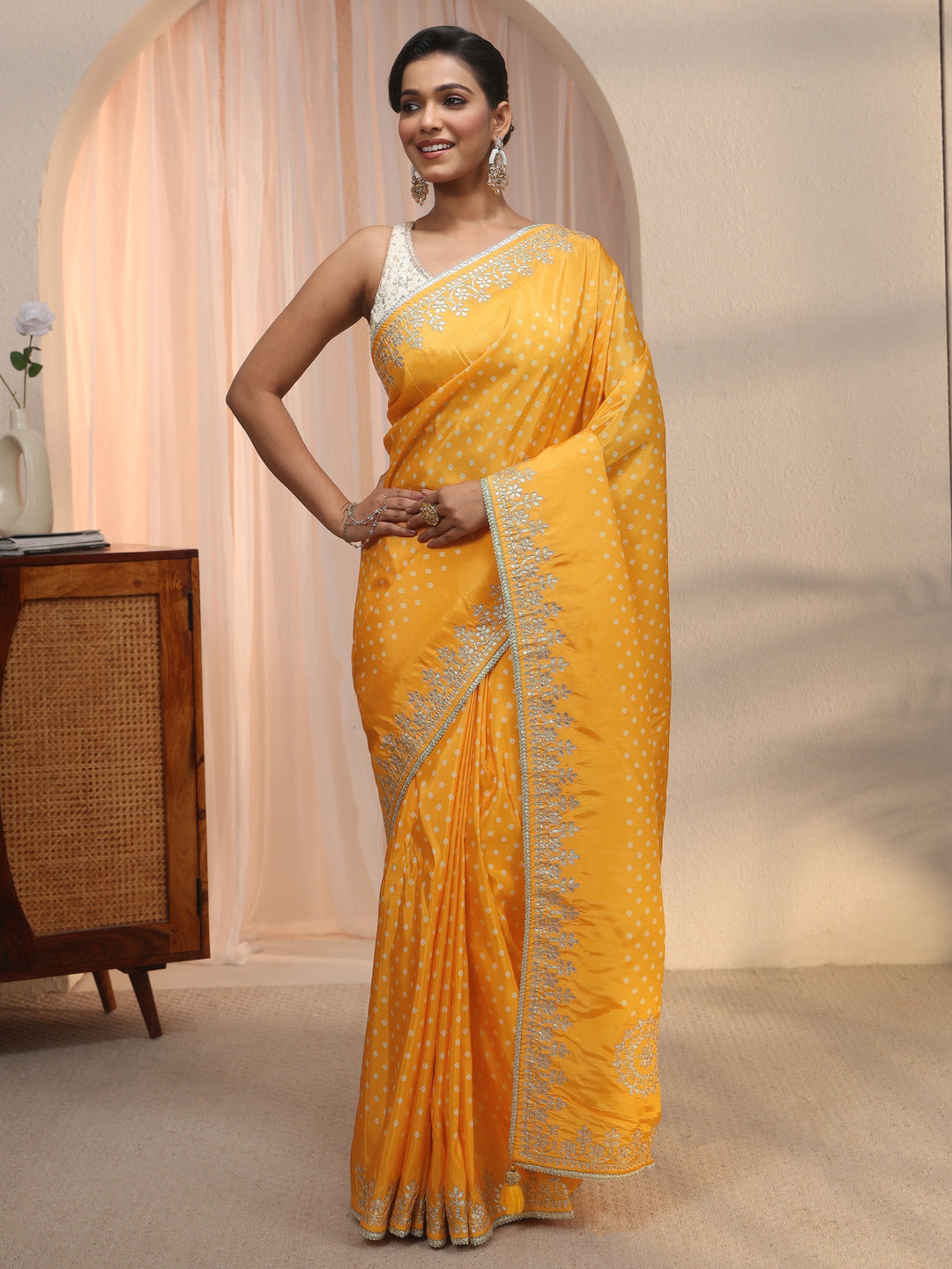  Libas Mustard Bandhani Printed Satin Saree with Embroidered Border 