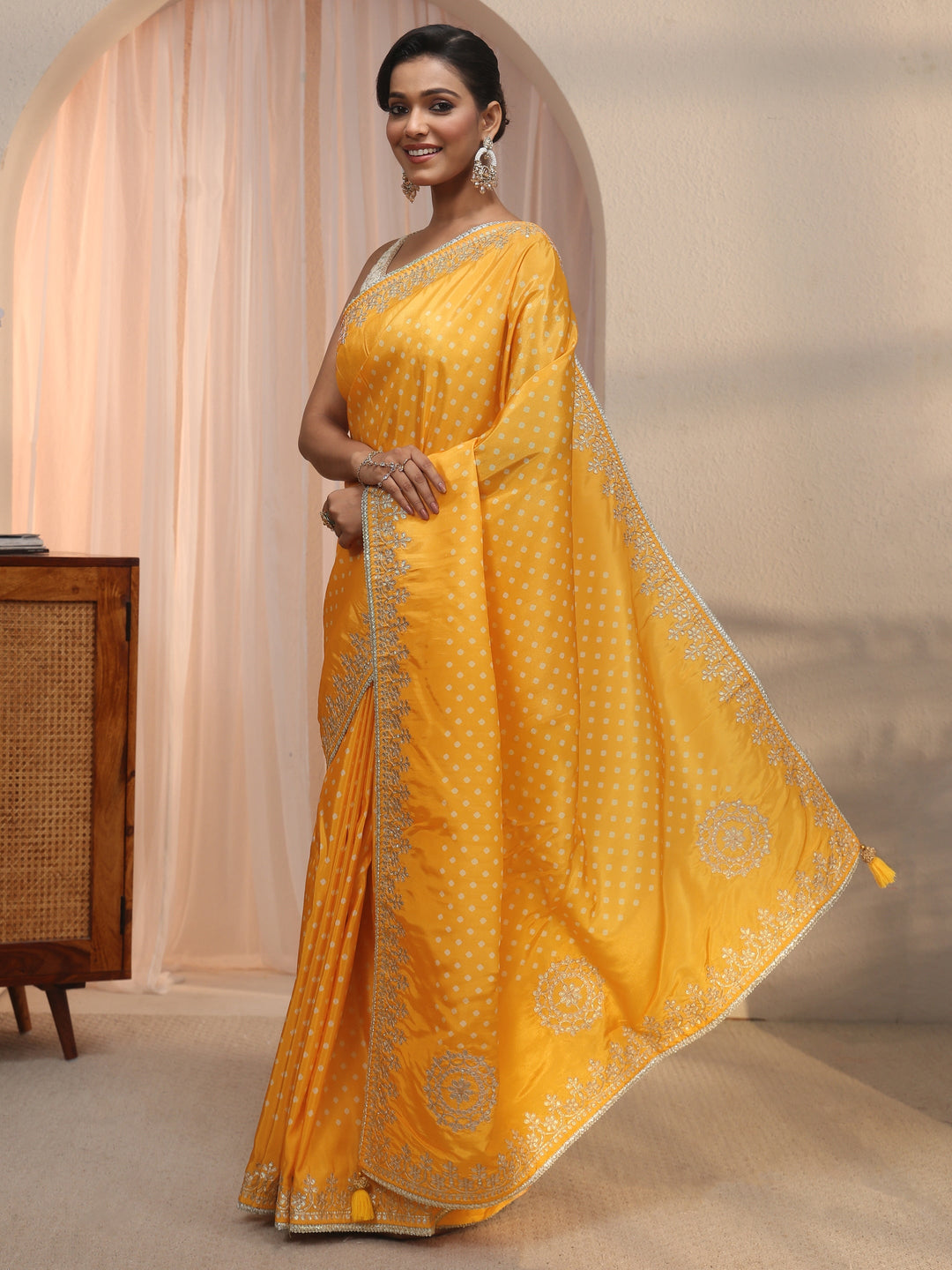  Libas Mustard Bandhani Printed Satin Saree with Embroidered Border 