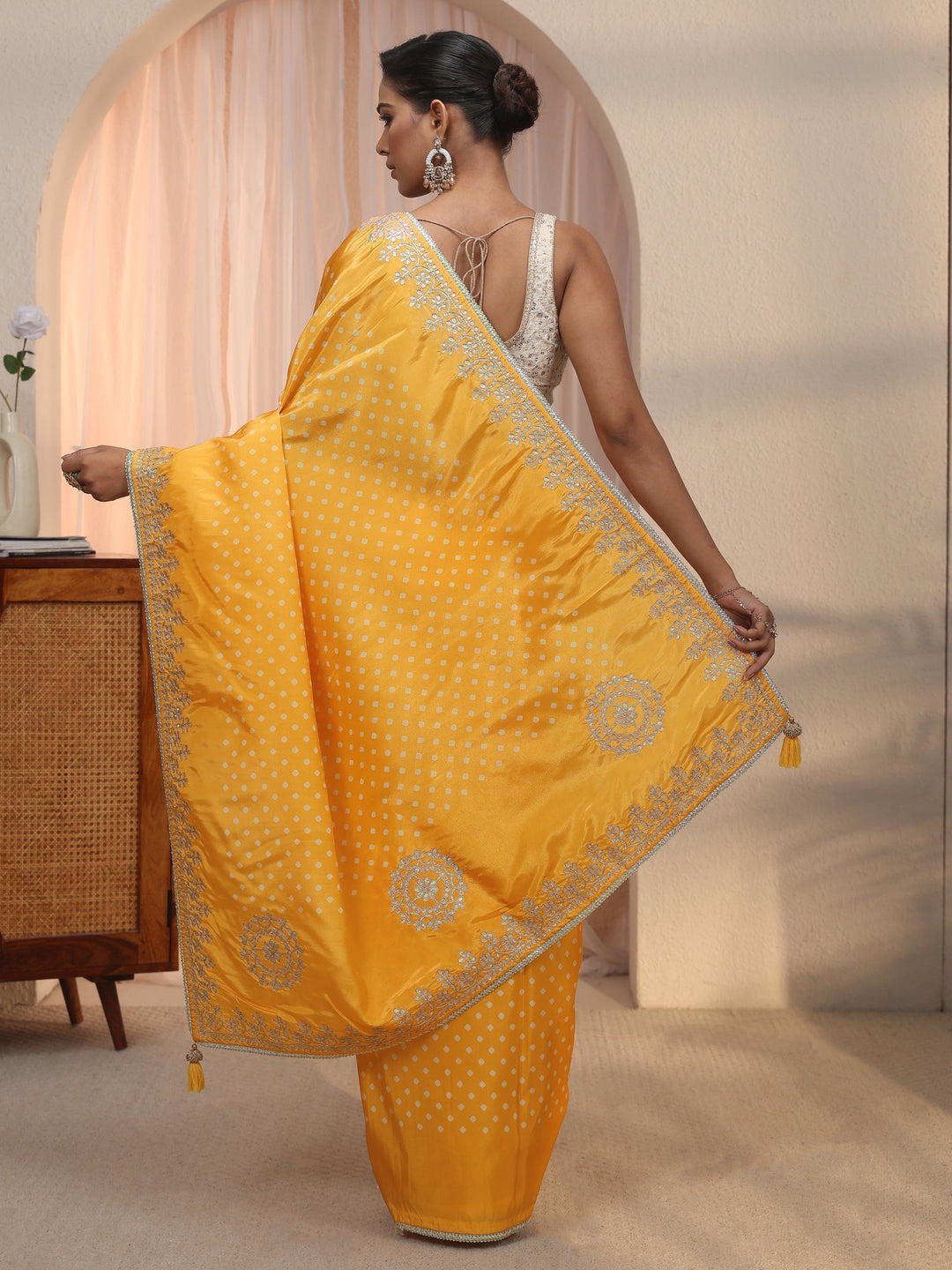  Libas Mustard Bandhani Printed Satin Saree with Embroidered Border 