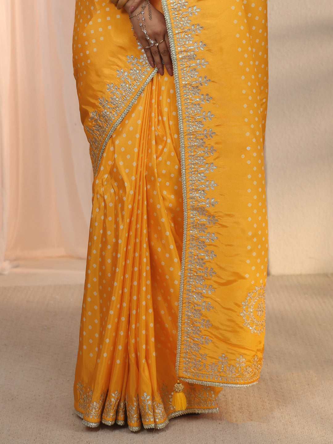  Libas Mustard Bandhani Printed Satin Saree with Embroidered Border 