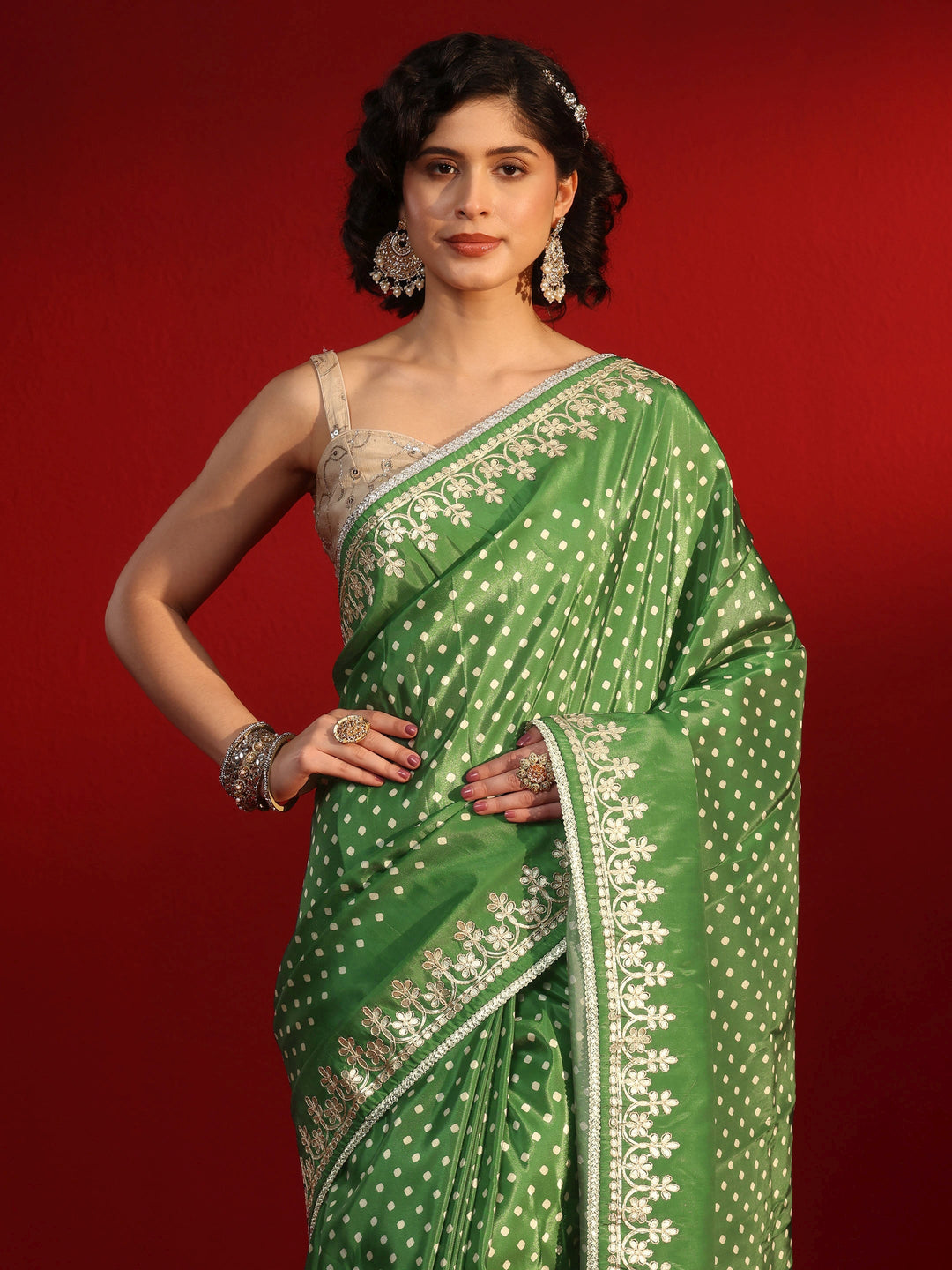  Libas Green Printed Satin Saree with Embroidered Border 
