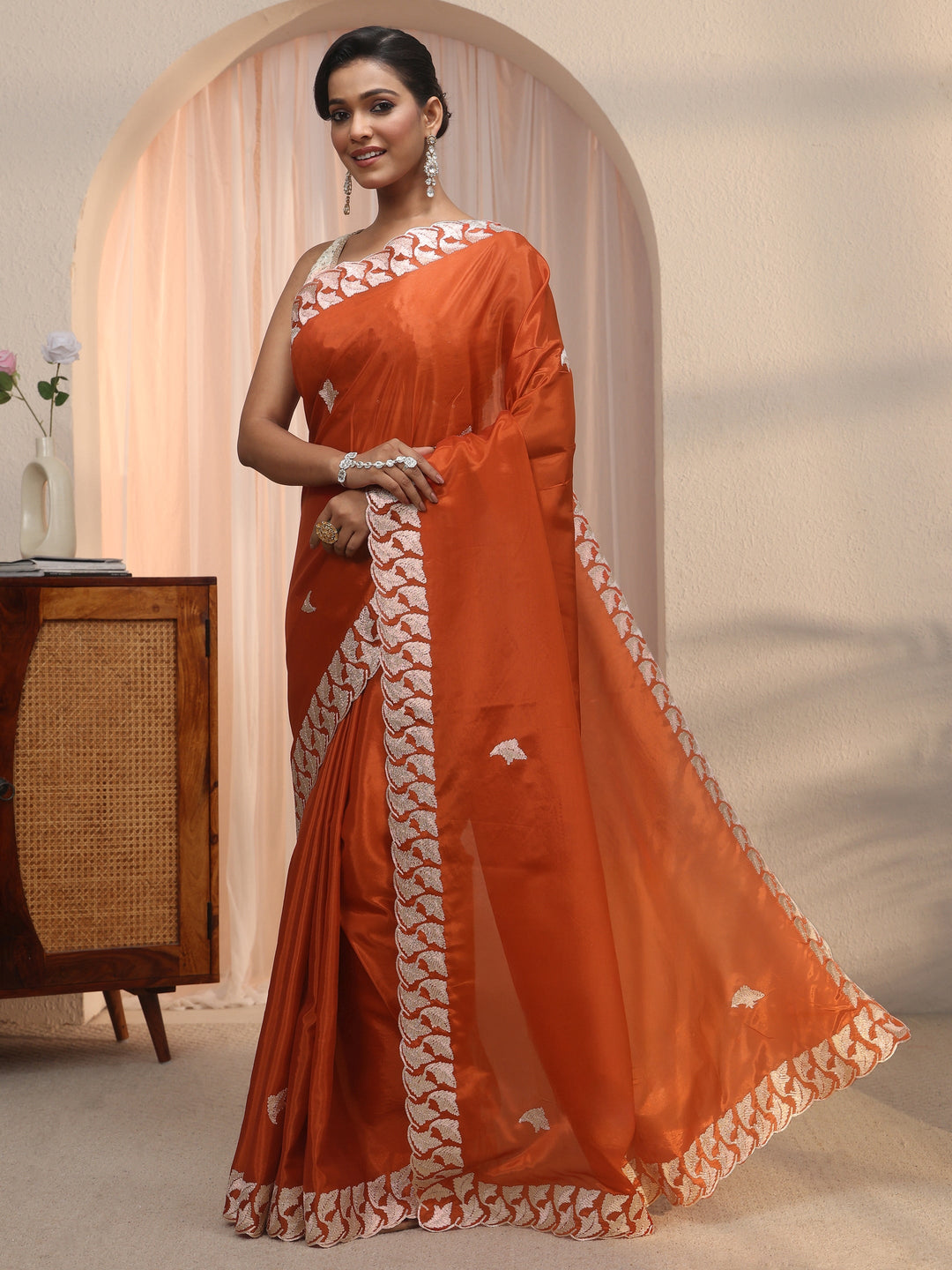  Libas Orange Embroidered Satin Saree 