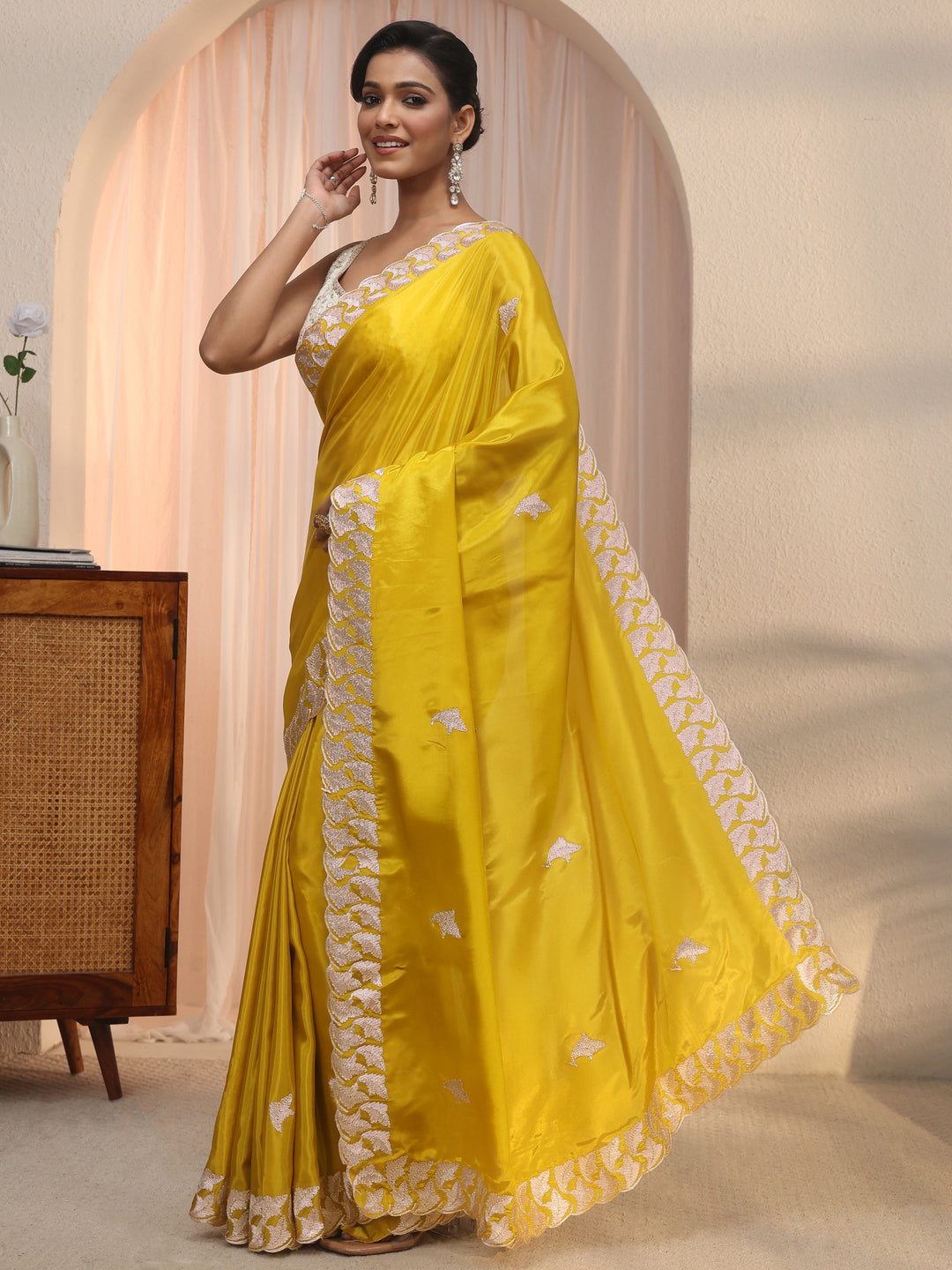  Libas Mustard Embroidered Satin Saree 