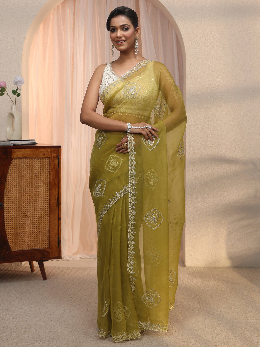  Libas Green Floral Embroidered Tissue Saree 