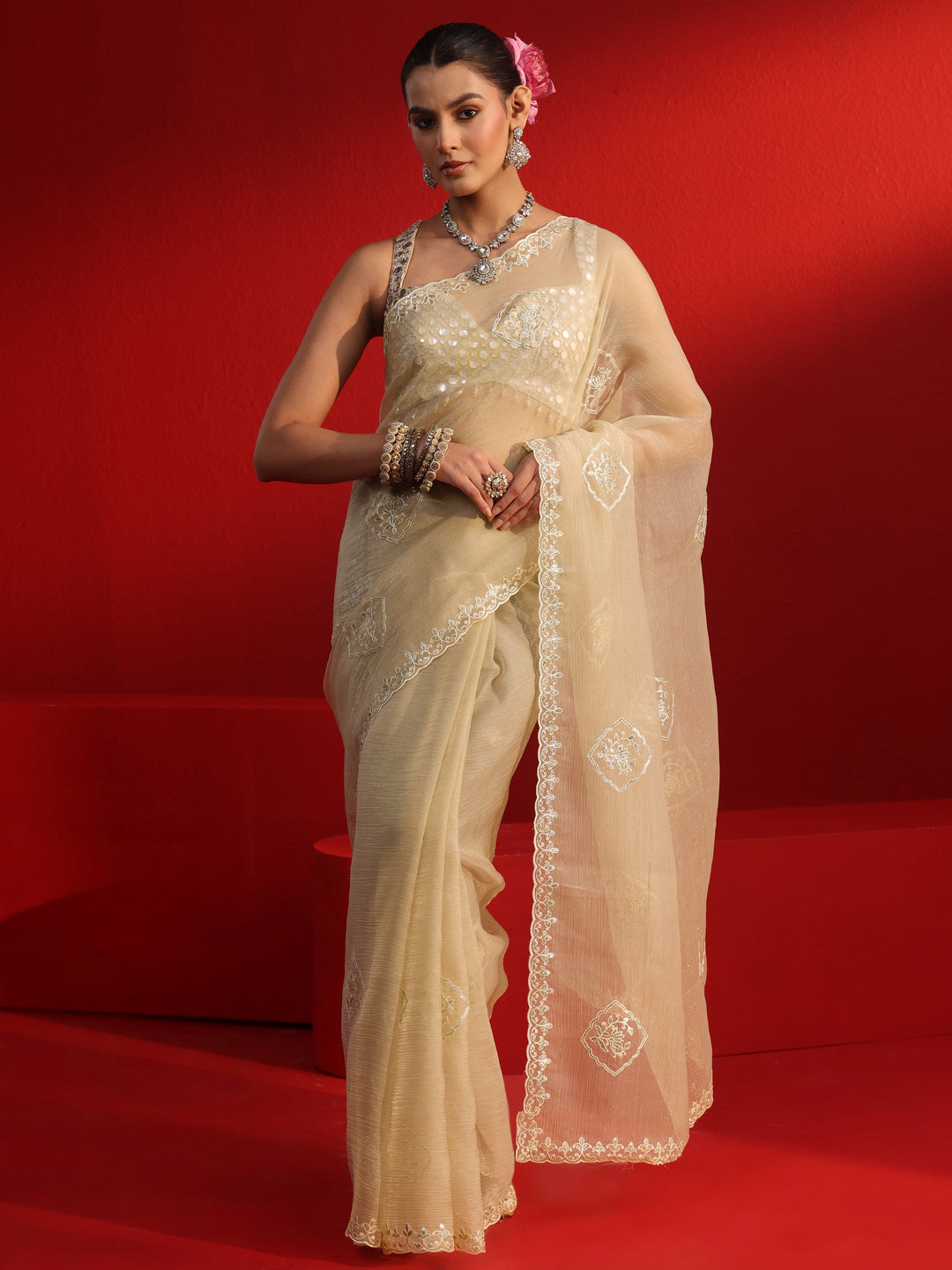  Libas Taupe Embroidered Tissue Saree 