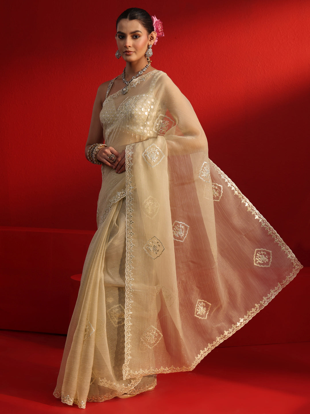 Libas Taupe Embroidered Tissue Saree 