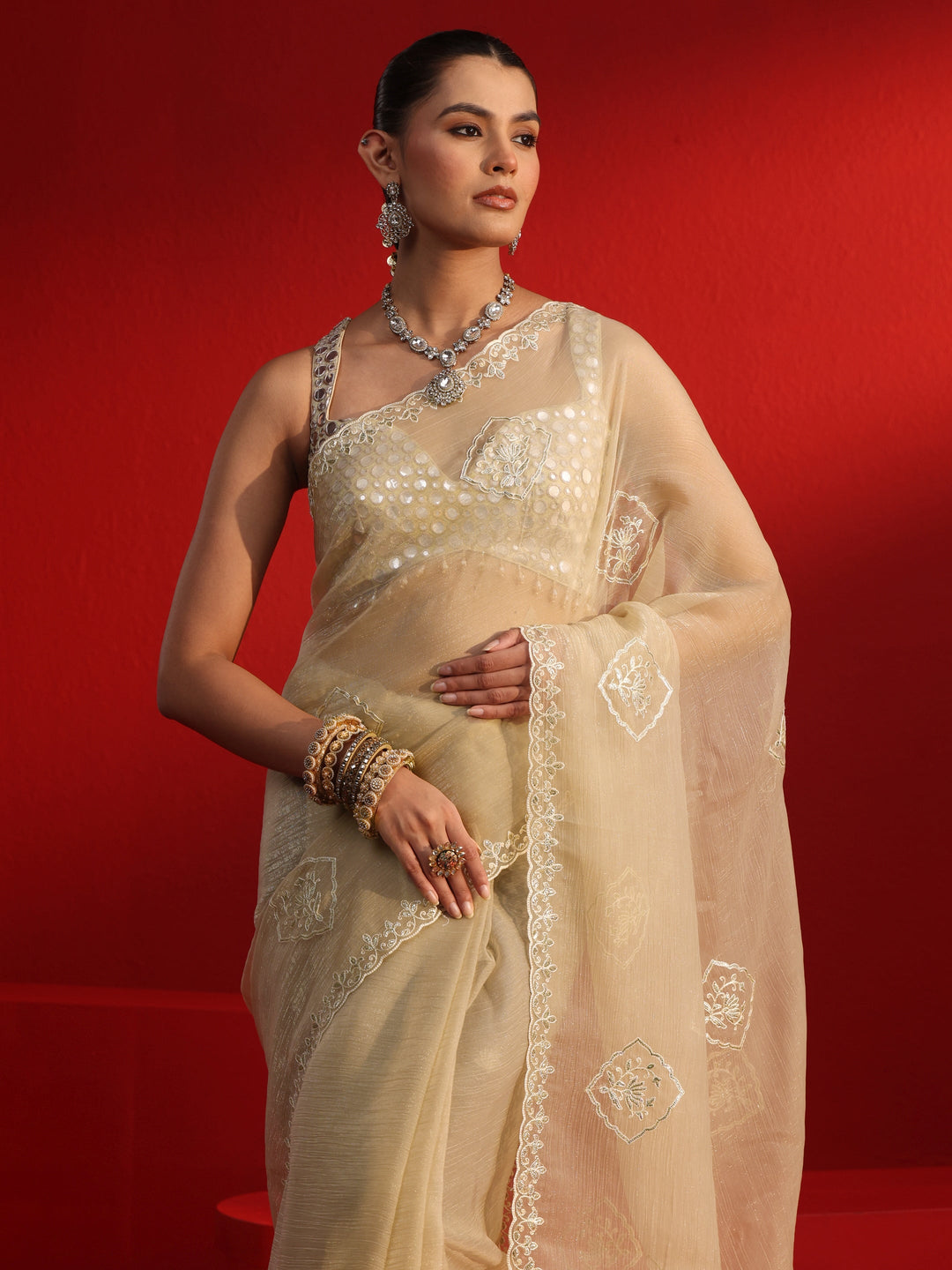  Libas Taupe Embroidered Tissue Saree 