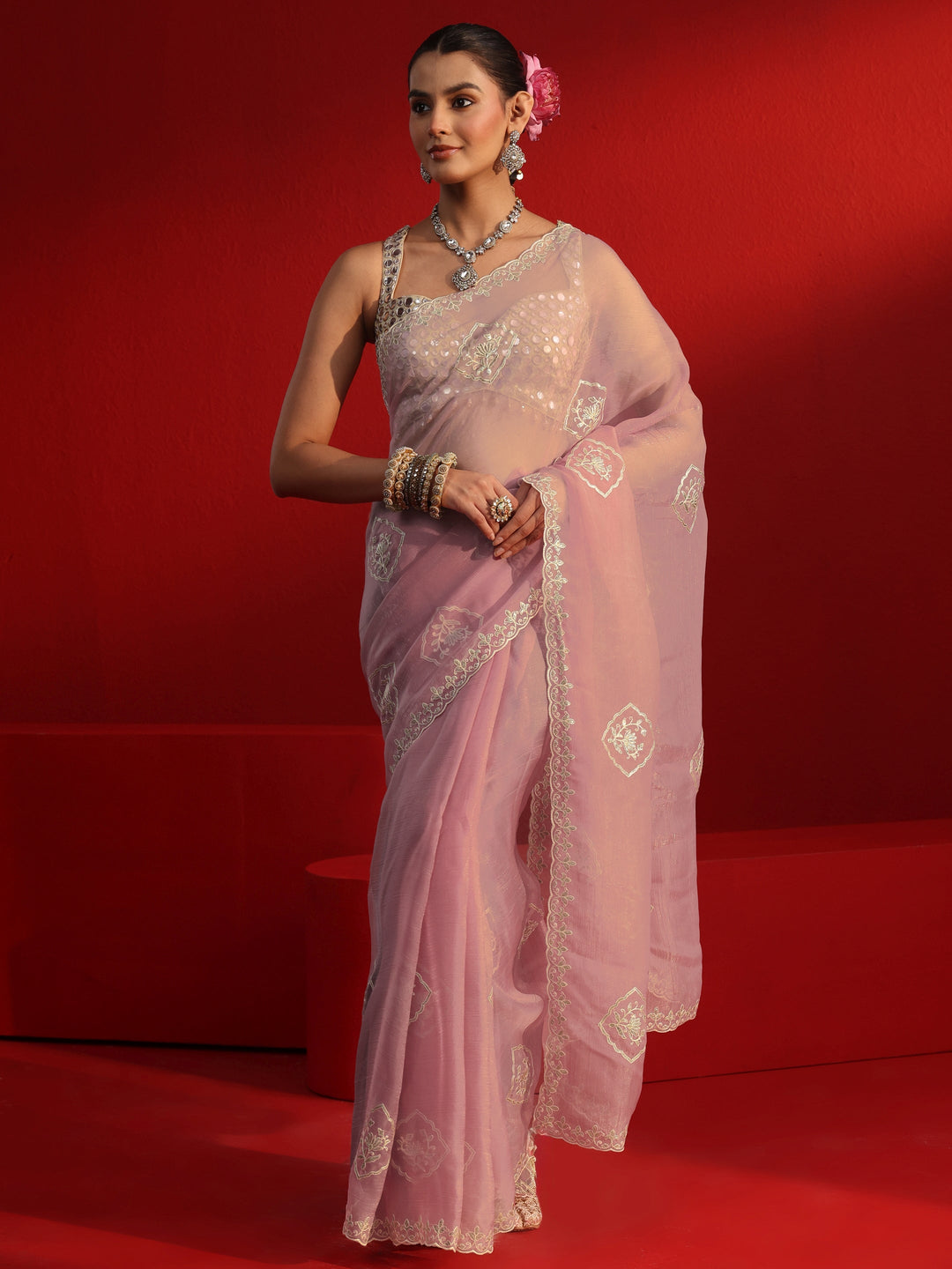 Libas Lavender Embroidered Tissue Saree 