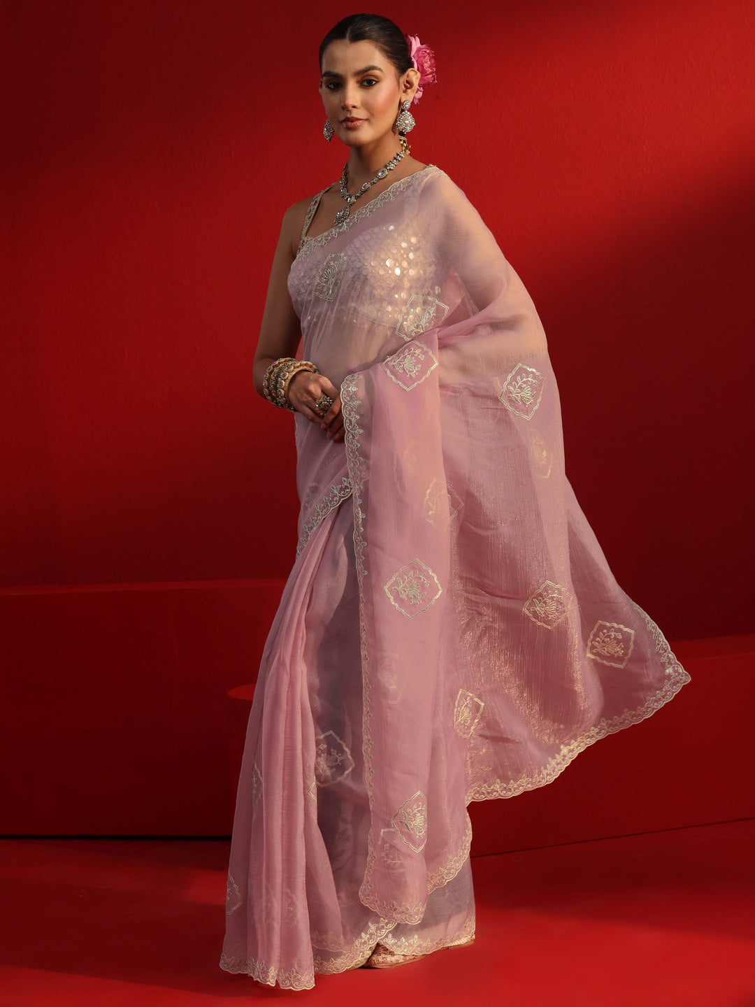  Libas Lavender Embroidered Tissue Saree 