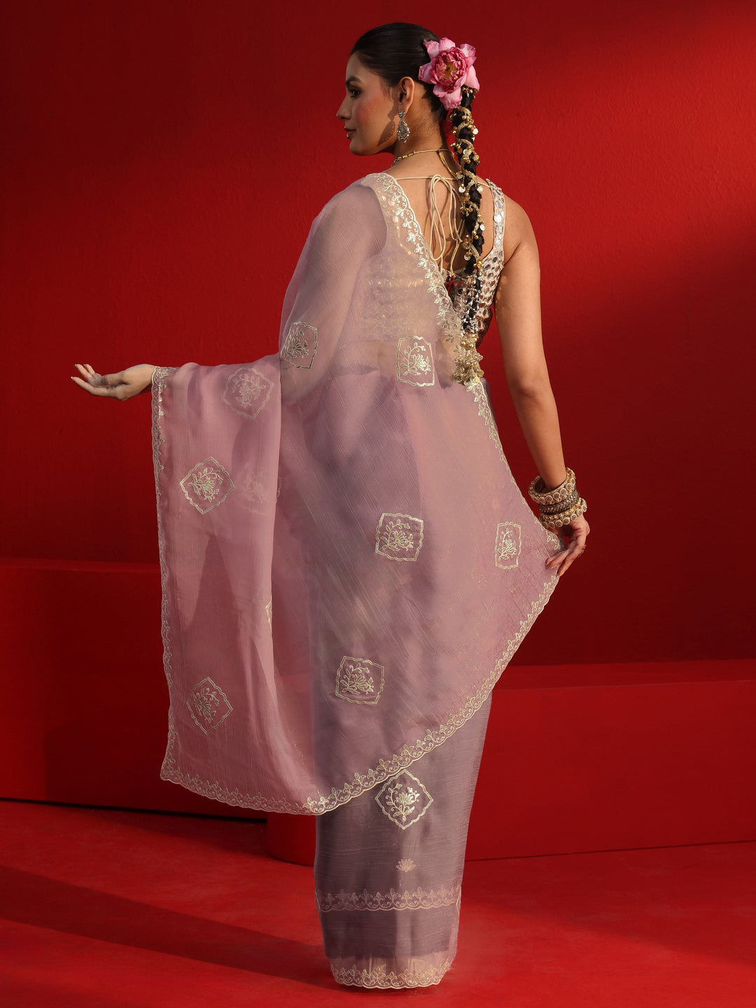  Libas Lavender Embroidered Tissue Saree 