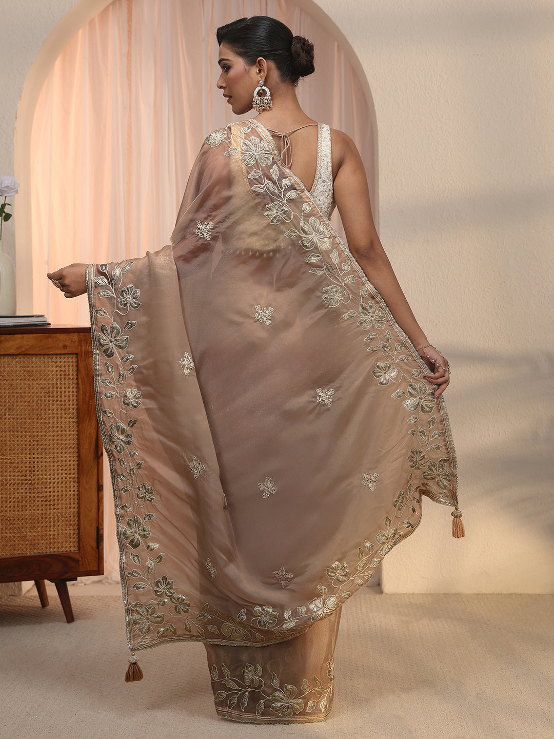  Libas Brown Floral Embroidered Tissue Saree 