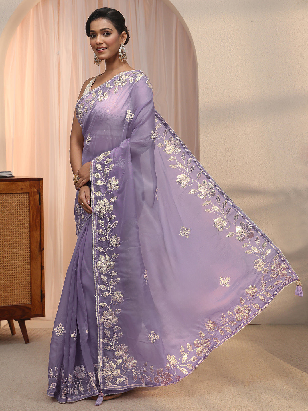  Libas Lavender Floral Embroidered Tissue Saree 