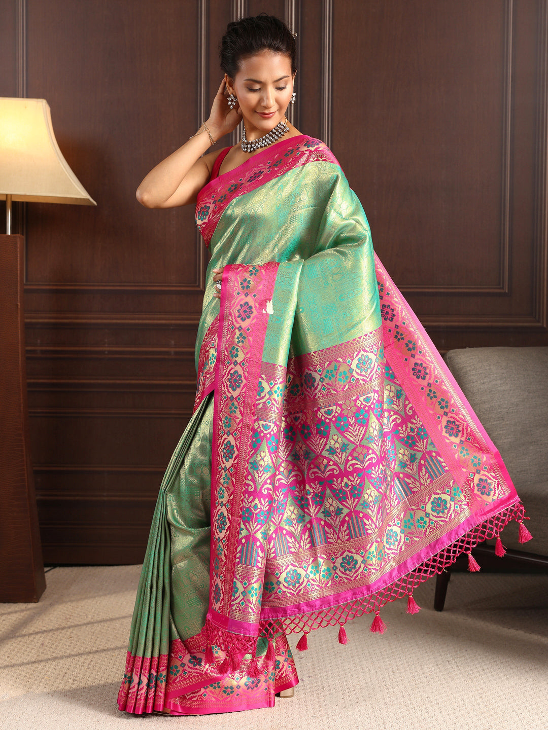  Libas Green Ethnic Woven Design Silk Blend Tassel Saree 