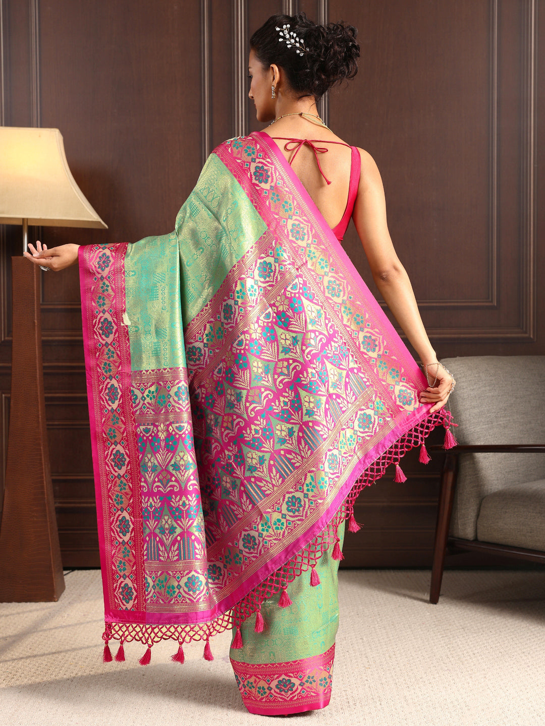  Libas Green Ethnic Woven Design Silk Blend Tassel Saree 