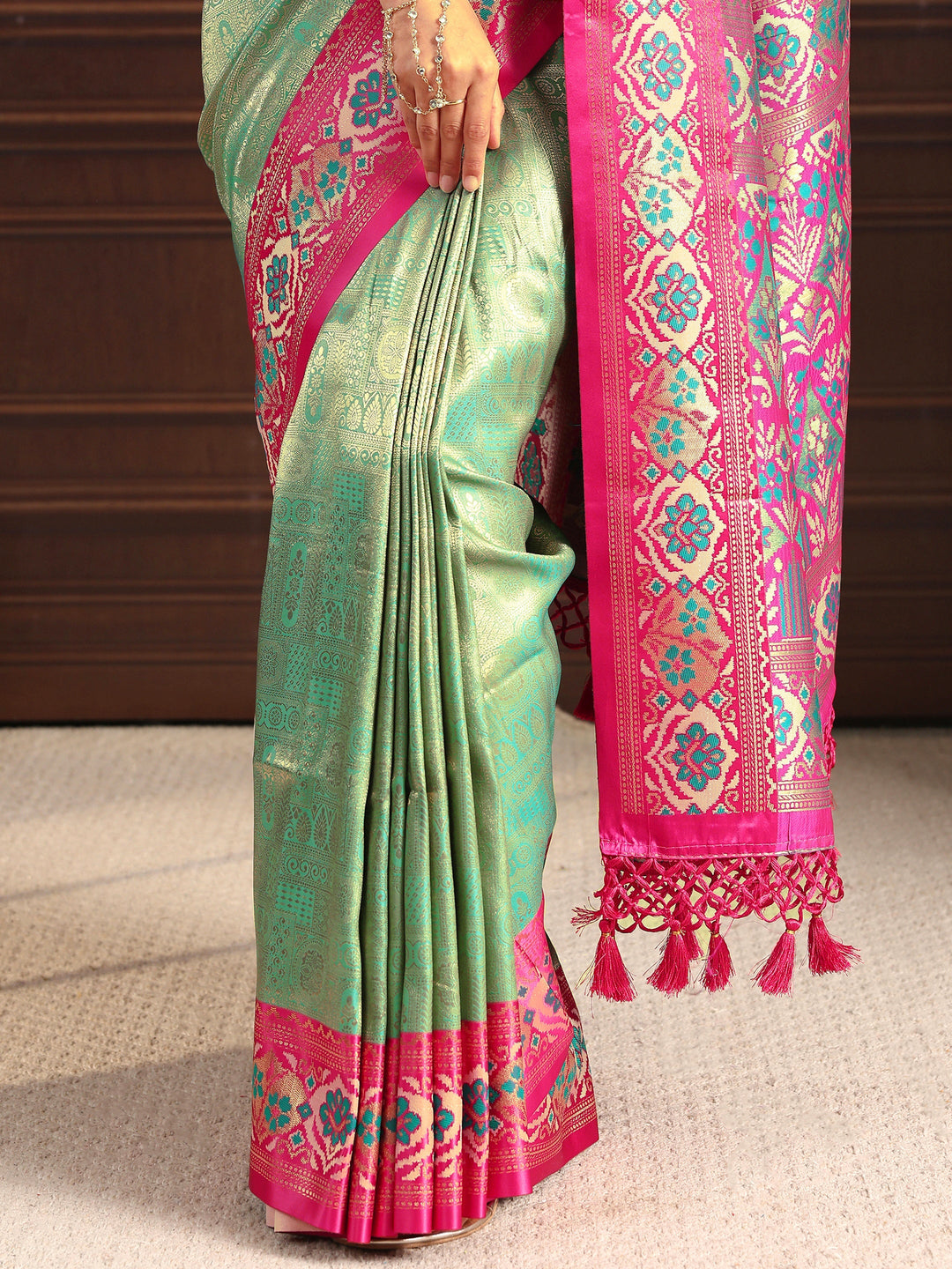  Libas Green Ethnic Woven Design Silk Blend Tassel Saree 