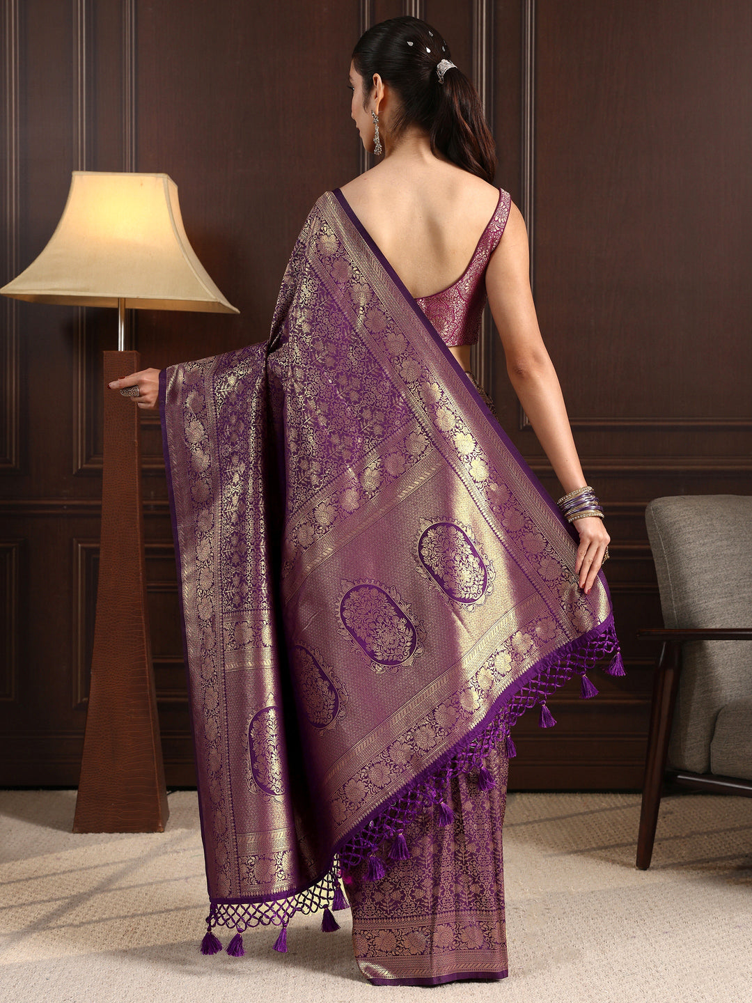  Libas Purple Ethnic Woven Design Silk Blend Tassel Saree 