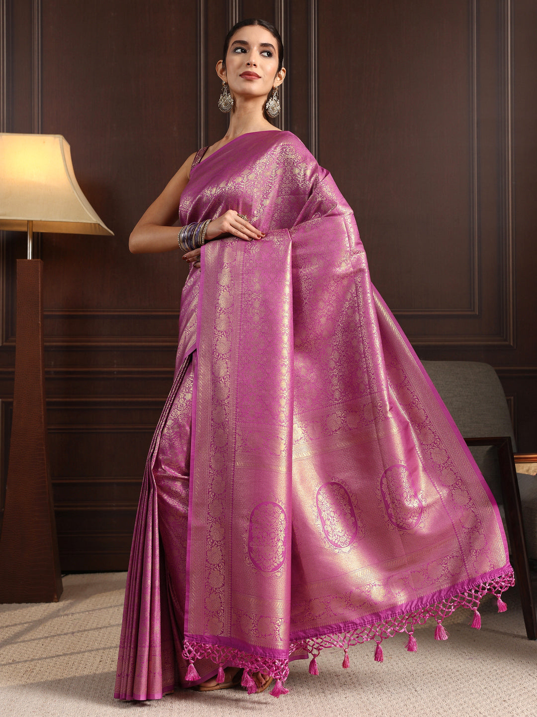  Libas Lavender Ethnic Woven Design Silk Blend Tassel Saree 
