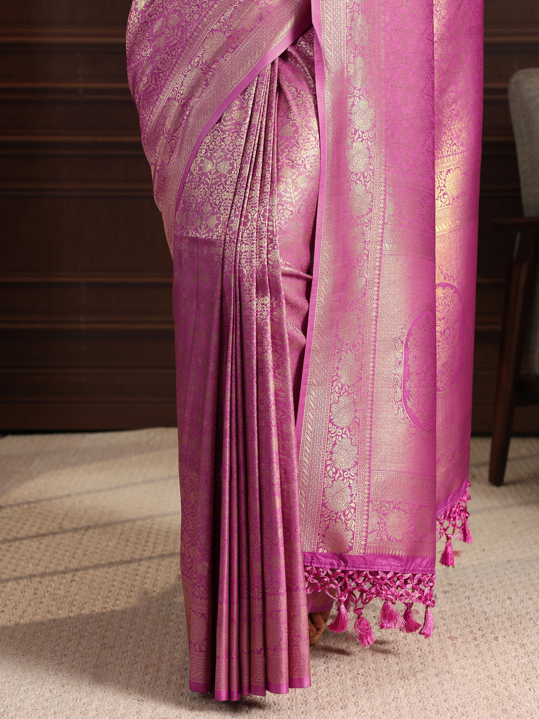  Libas Lavender Ethnic Woven Design Silk Blend Tassel Saree 