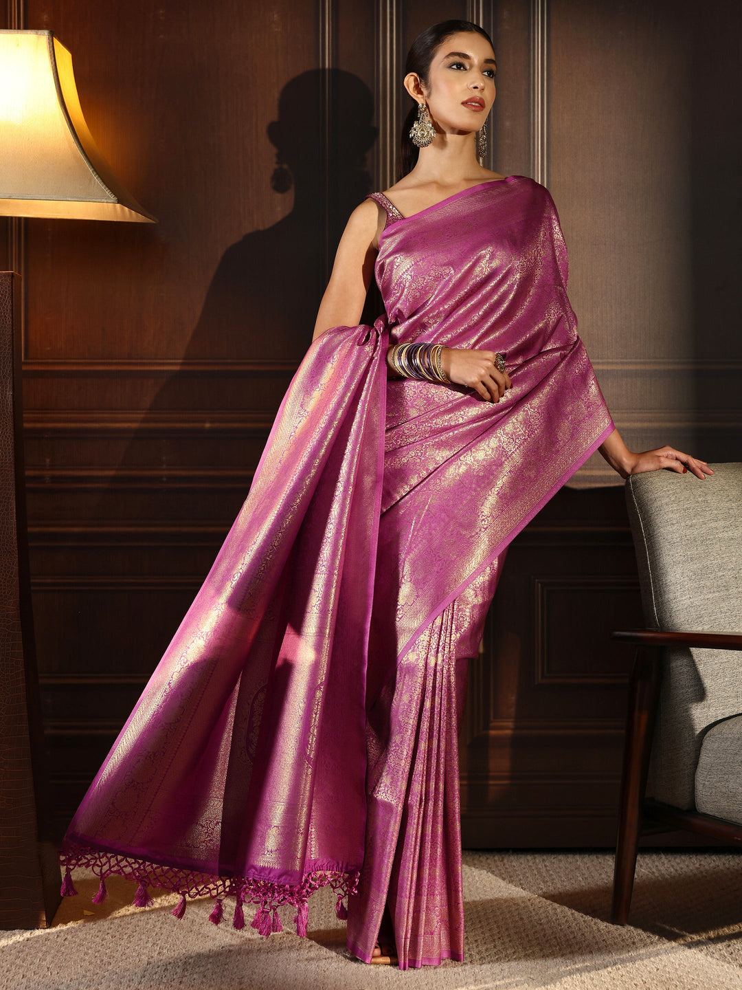  Libas Lavender Ethnic Woven Design Silk Blend Tassel Saree 
