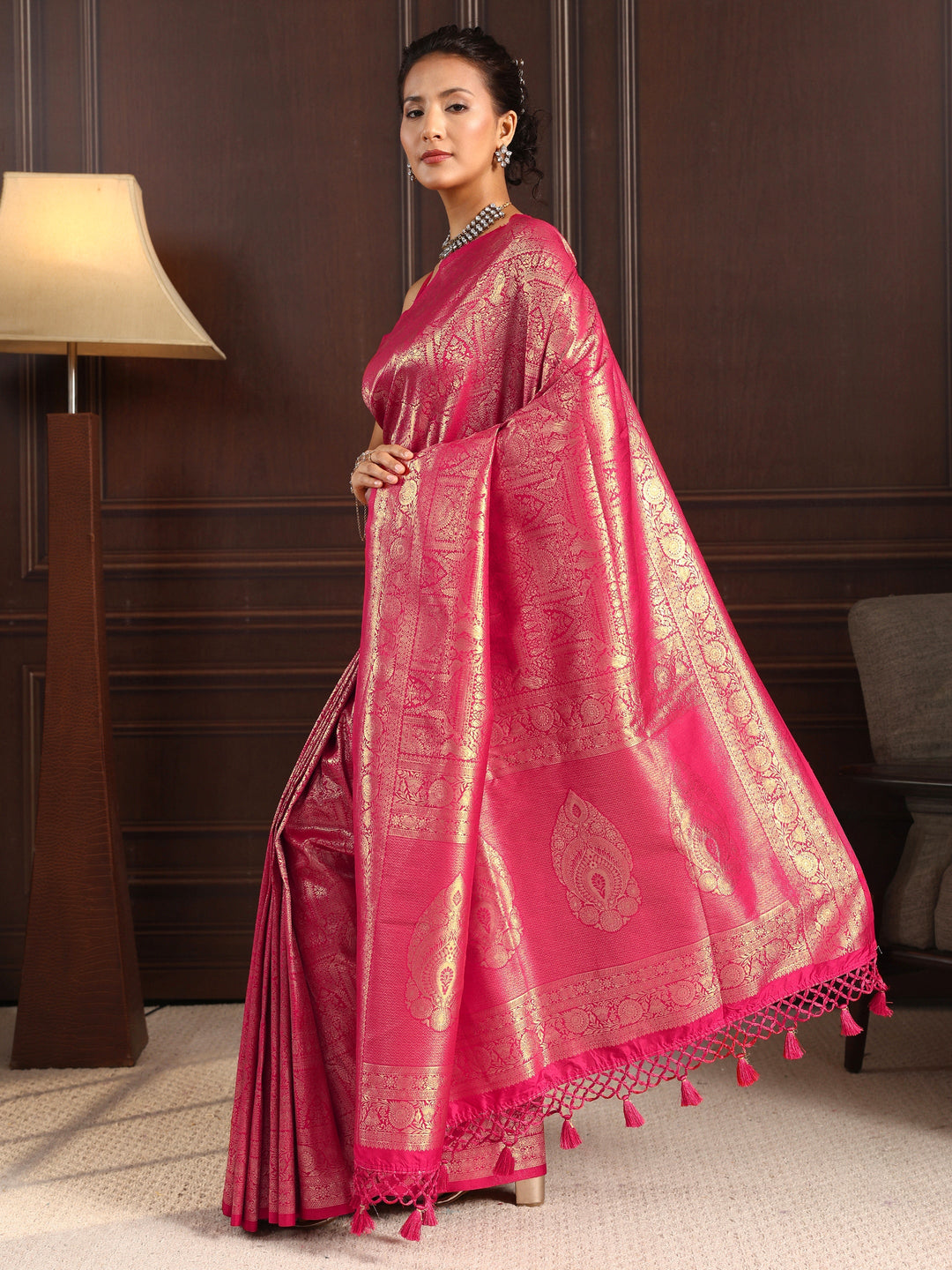  Libas Pink Ethnic Woven Design Silk Blend Tassel Saree 