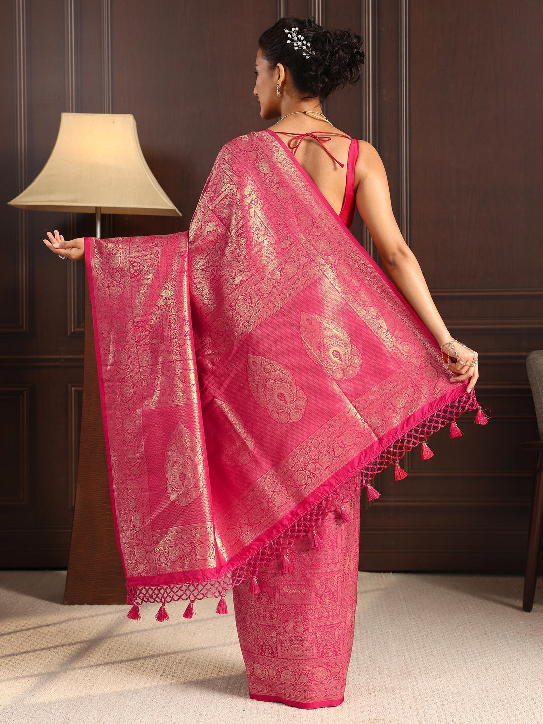  Libas Pink Ethnic Woven Design Silk Blend Tassel Saree 