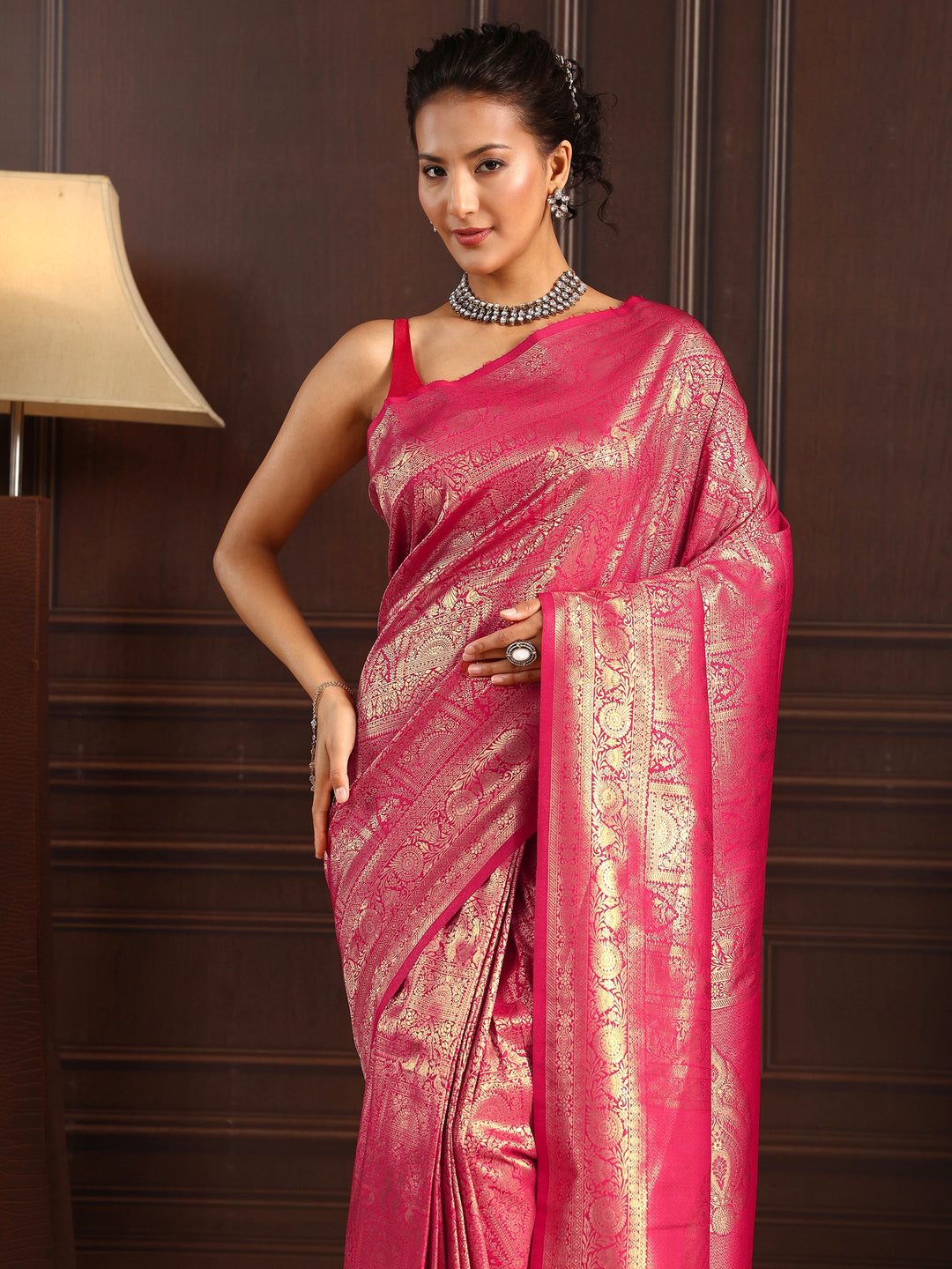  Libas Pink Ethnic Woven Design Silk Blend Tassel Saree 
