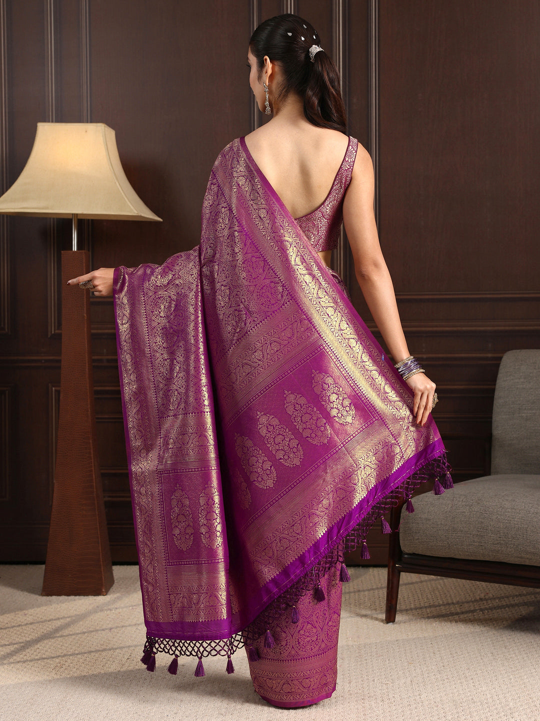  Libas Wine Ethnic Woven Design Silk Blend Tassel Saree 