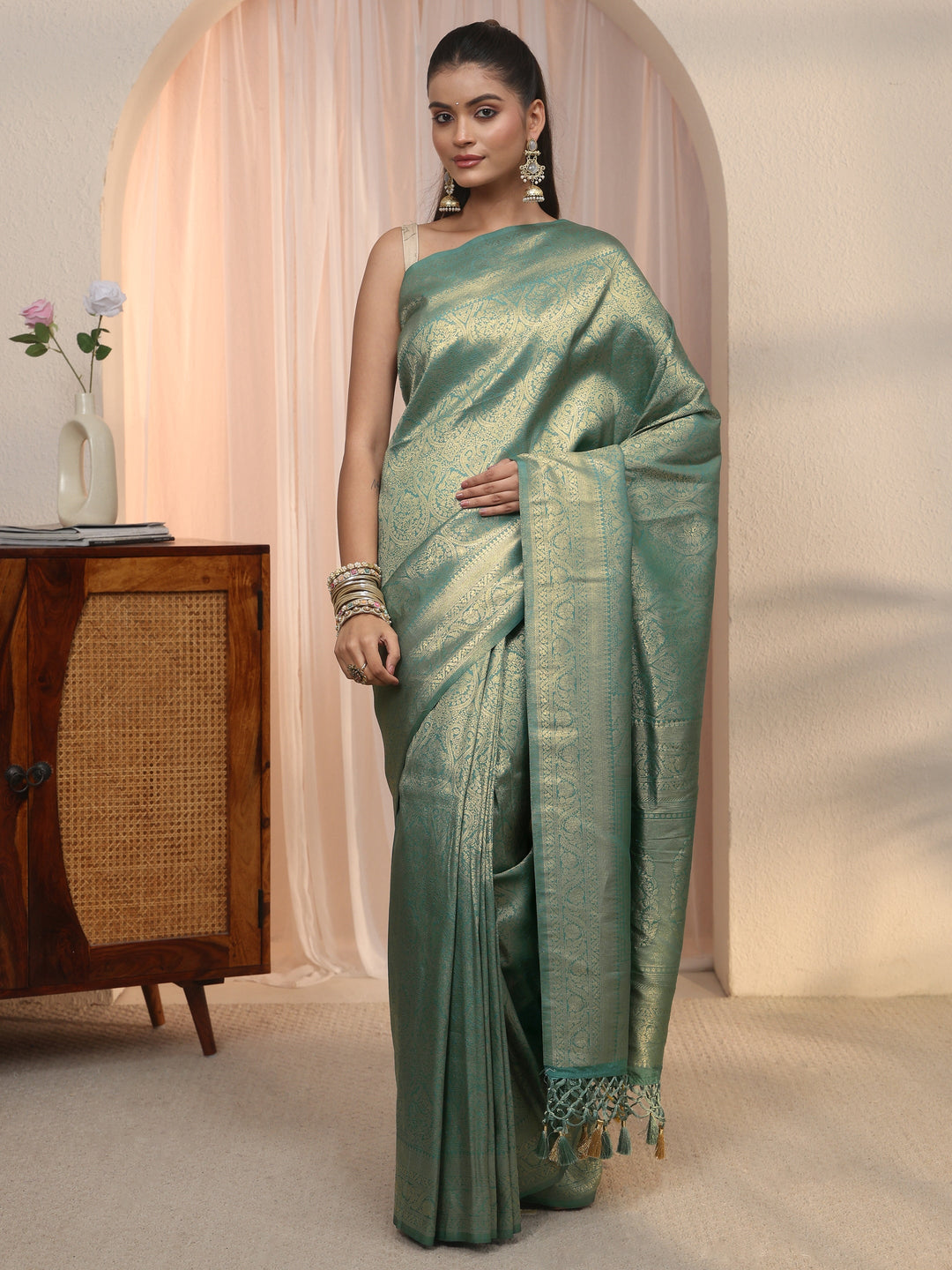  Libas Green Woven Design Silk Blend Tassel Saree 