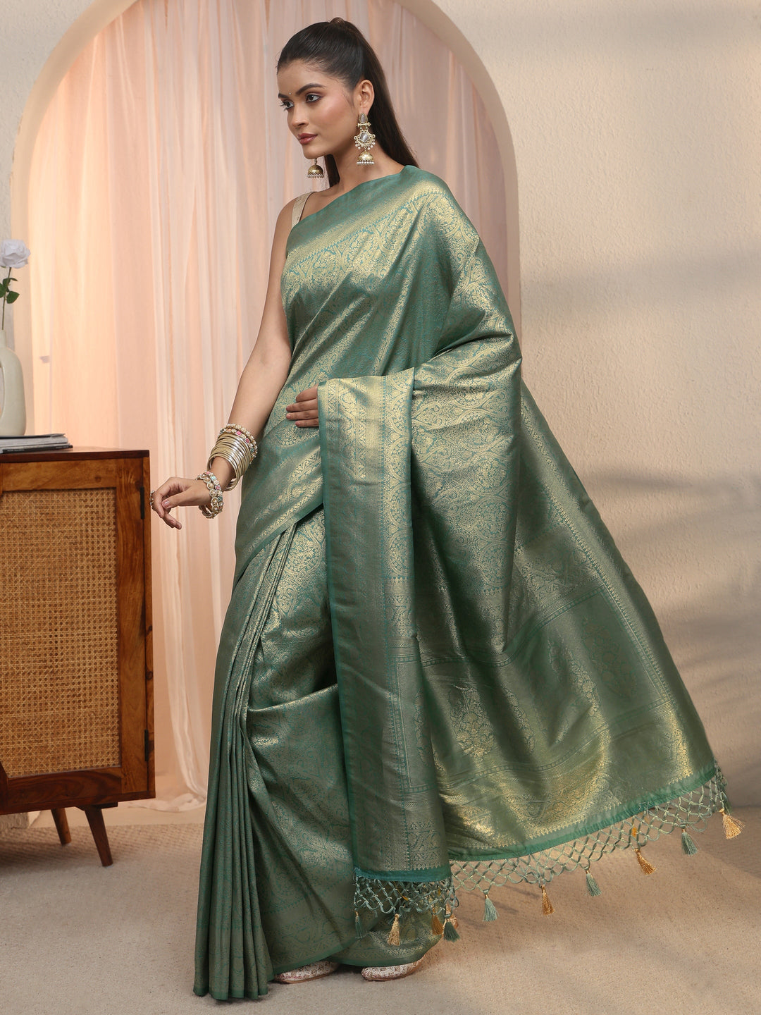  Libas Green Woven Design Silk Blend Tassel Saree 