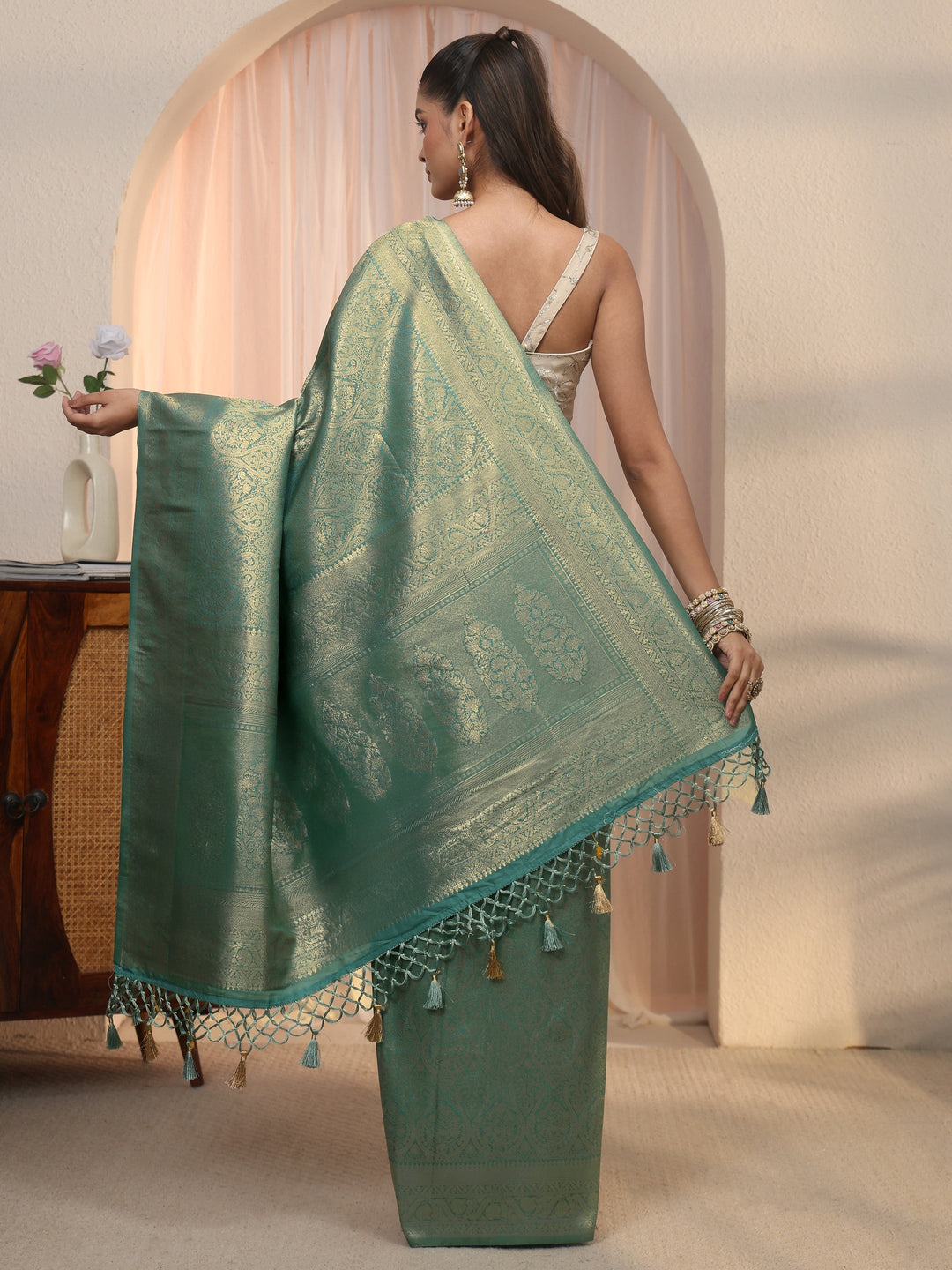  Libas Green Woven Design Silk Blend Tassel Saree 