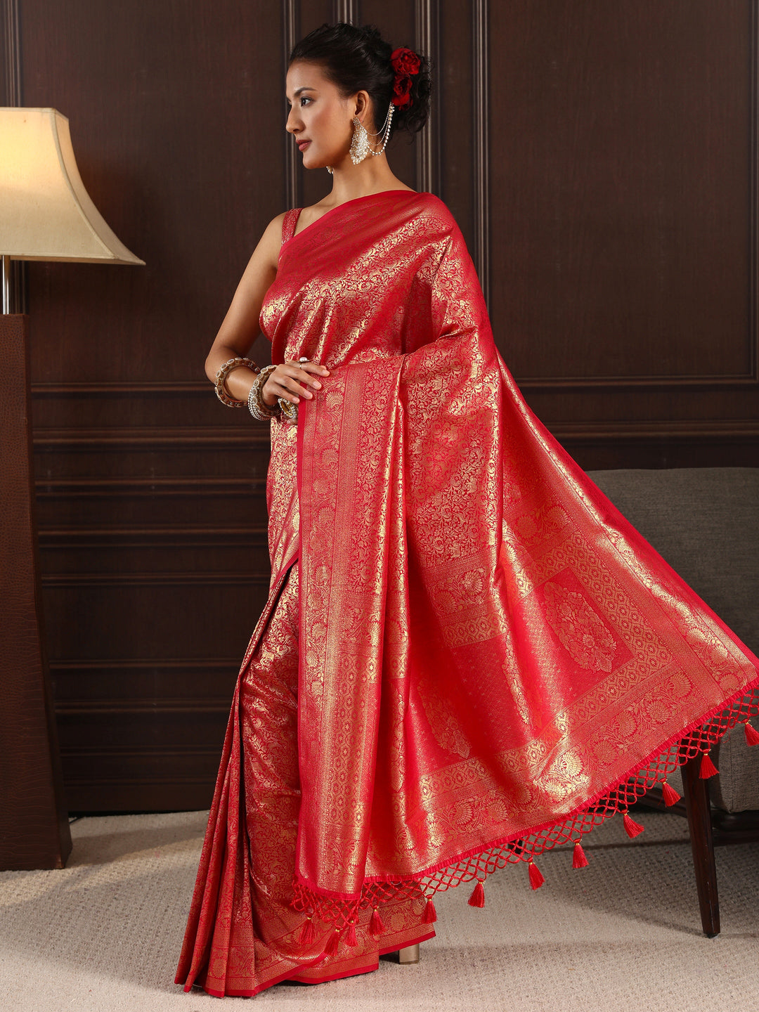  Libas Red Ethnic Woven Design Silk Blend Tassel Saree 