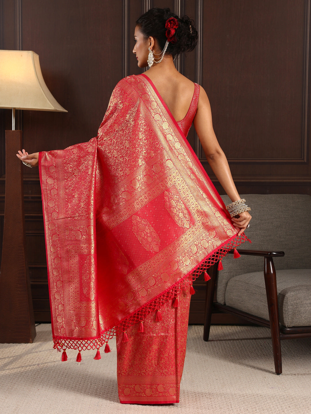  Libas Red Ethnic Woven Design Silk Blend Tassel Saree 