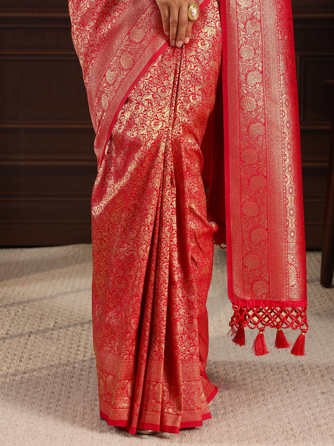  Libas Red Ethnic Woven Design Silk Blend Tassel Saree 