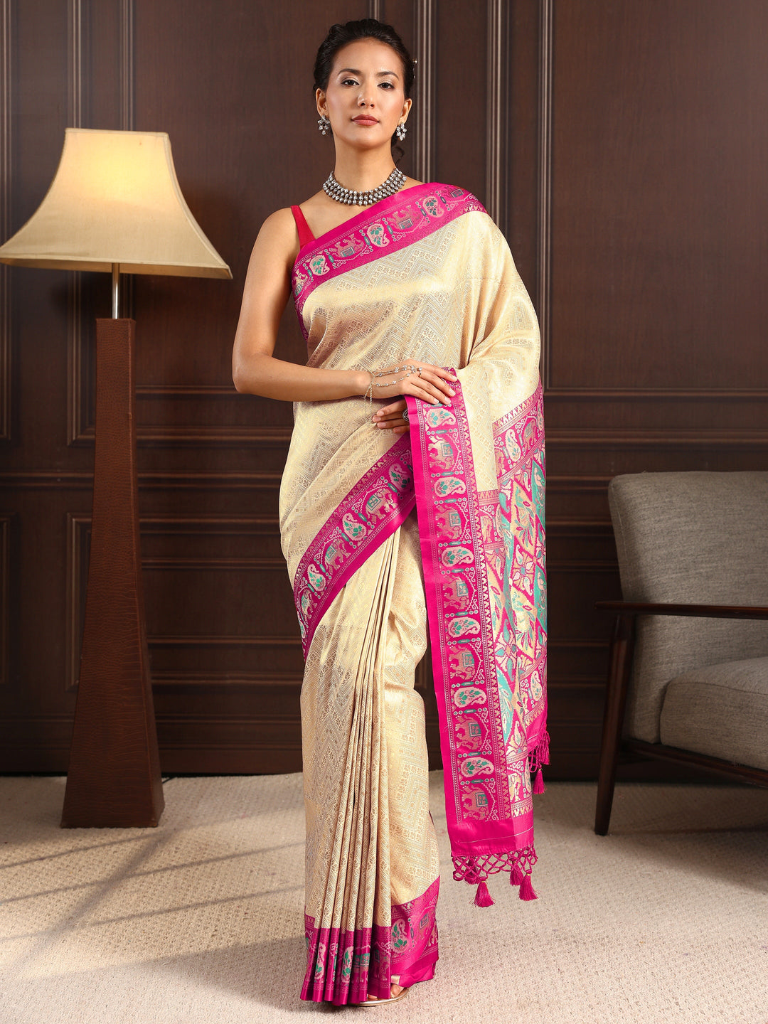  Libas Cream Chevron Woven Design Silk Blend Tassel Saree 