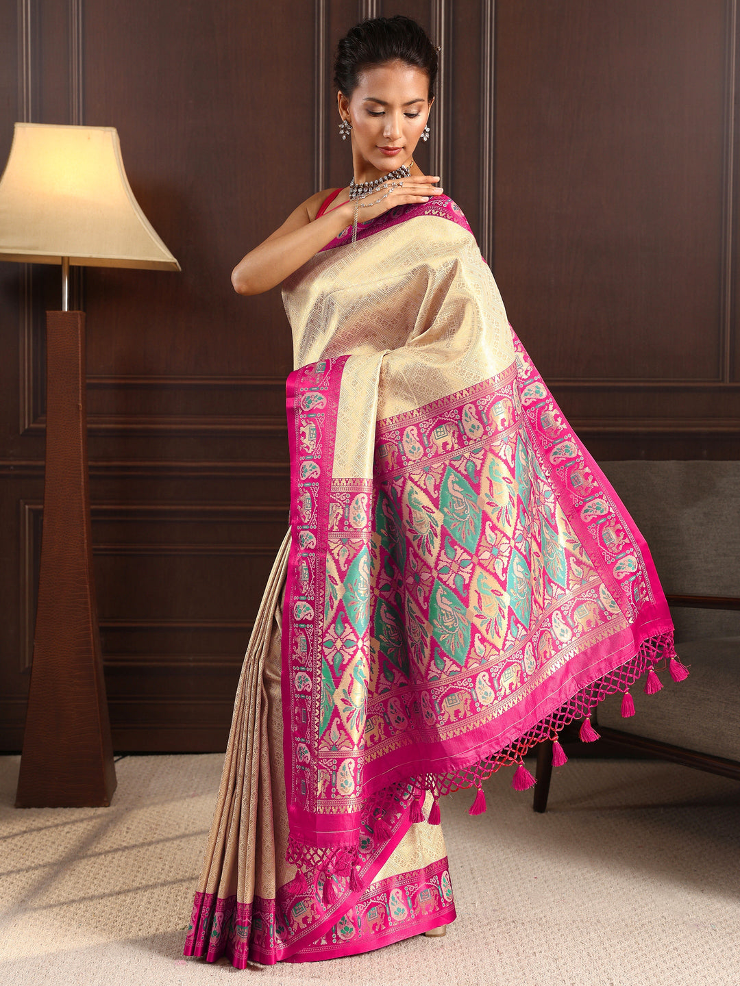 Libas Cream Chevron Woven Design Silk Blend Tassel Saree 