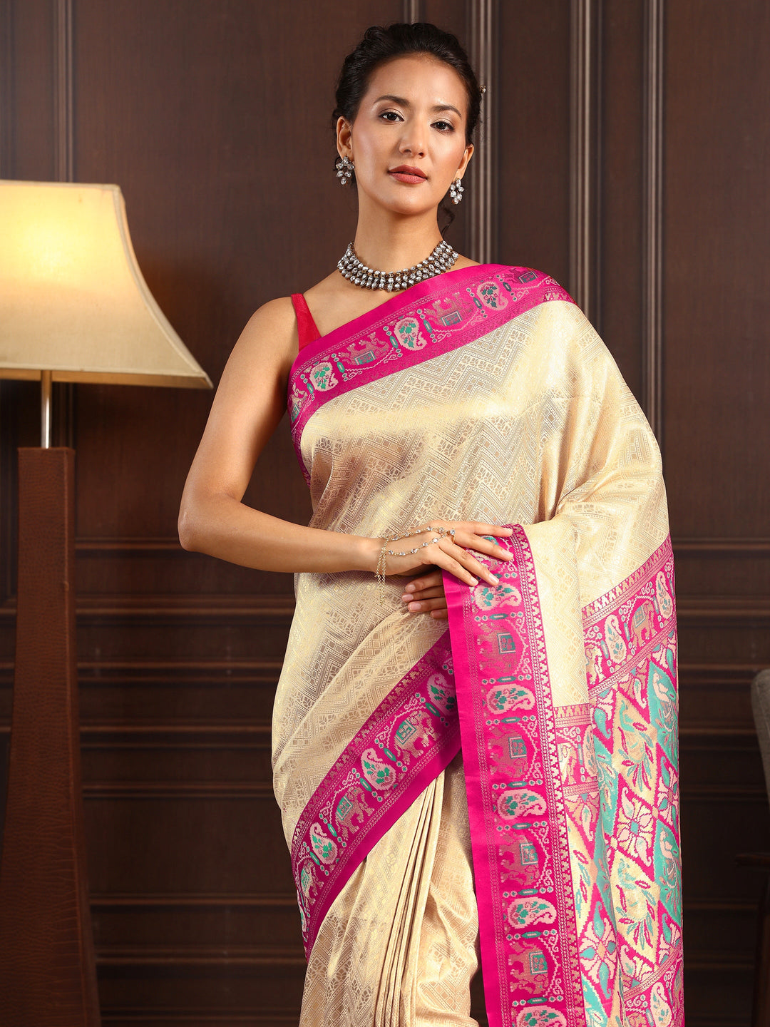  Libas Cream Chevron Woven Design Silk Blend Tassel Saree 
