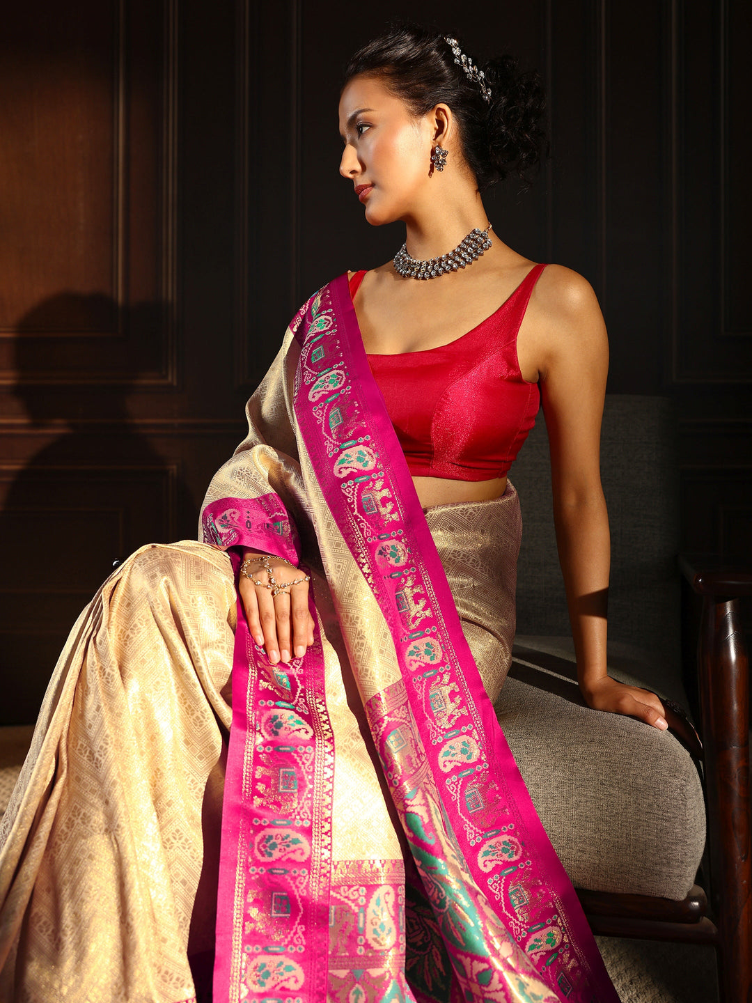  Libas Cream Chevron Woven Design Silk Blend Tassel Saree 